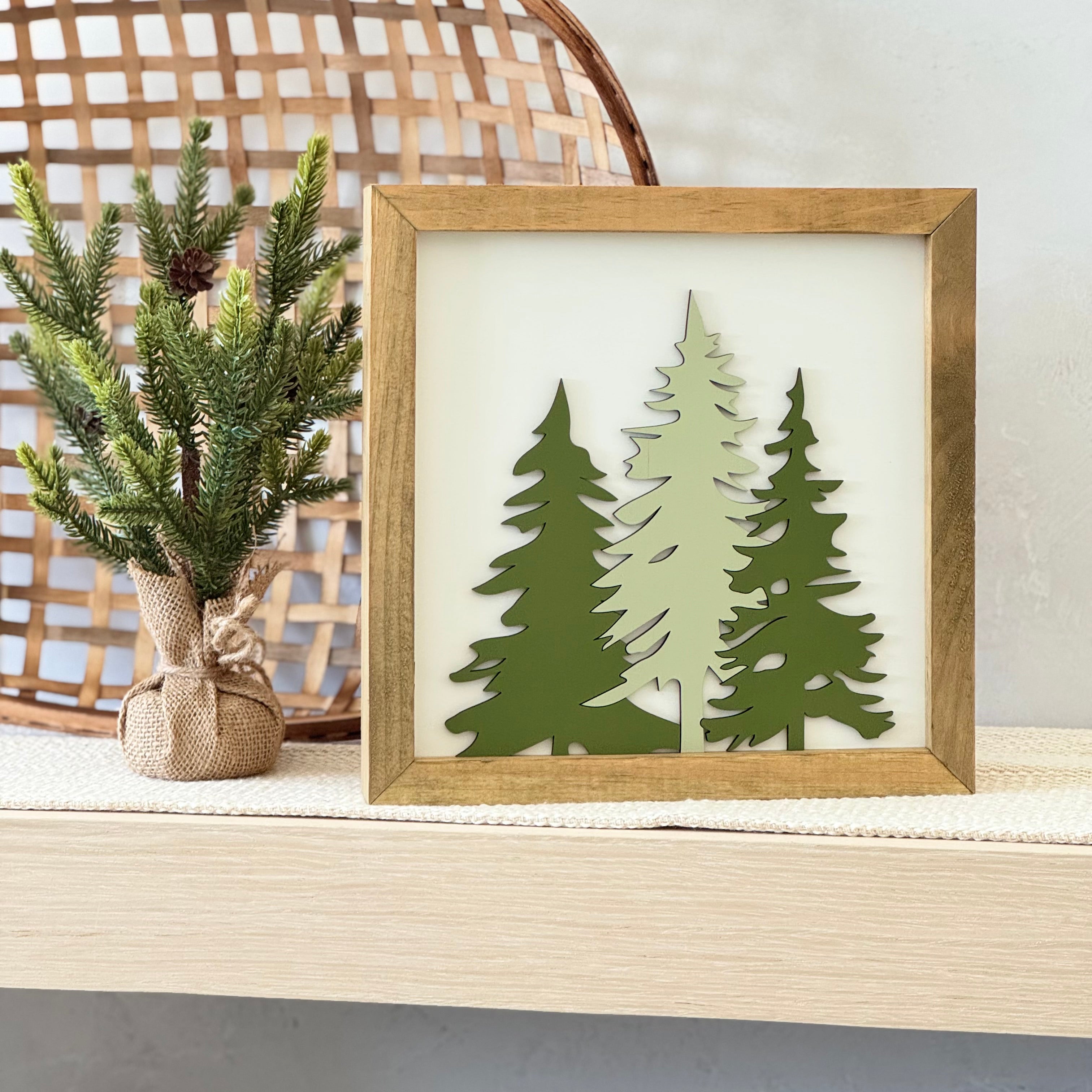 Wooden Framed Evergreen Trees Christmas Sign