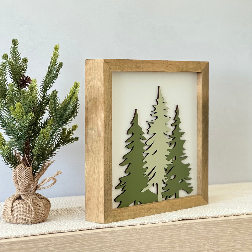 Wooden Framed Evergreen Trees Christmas Sign