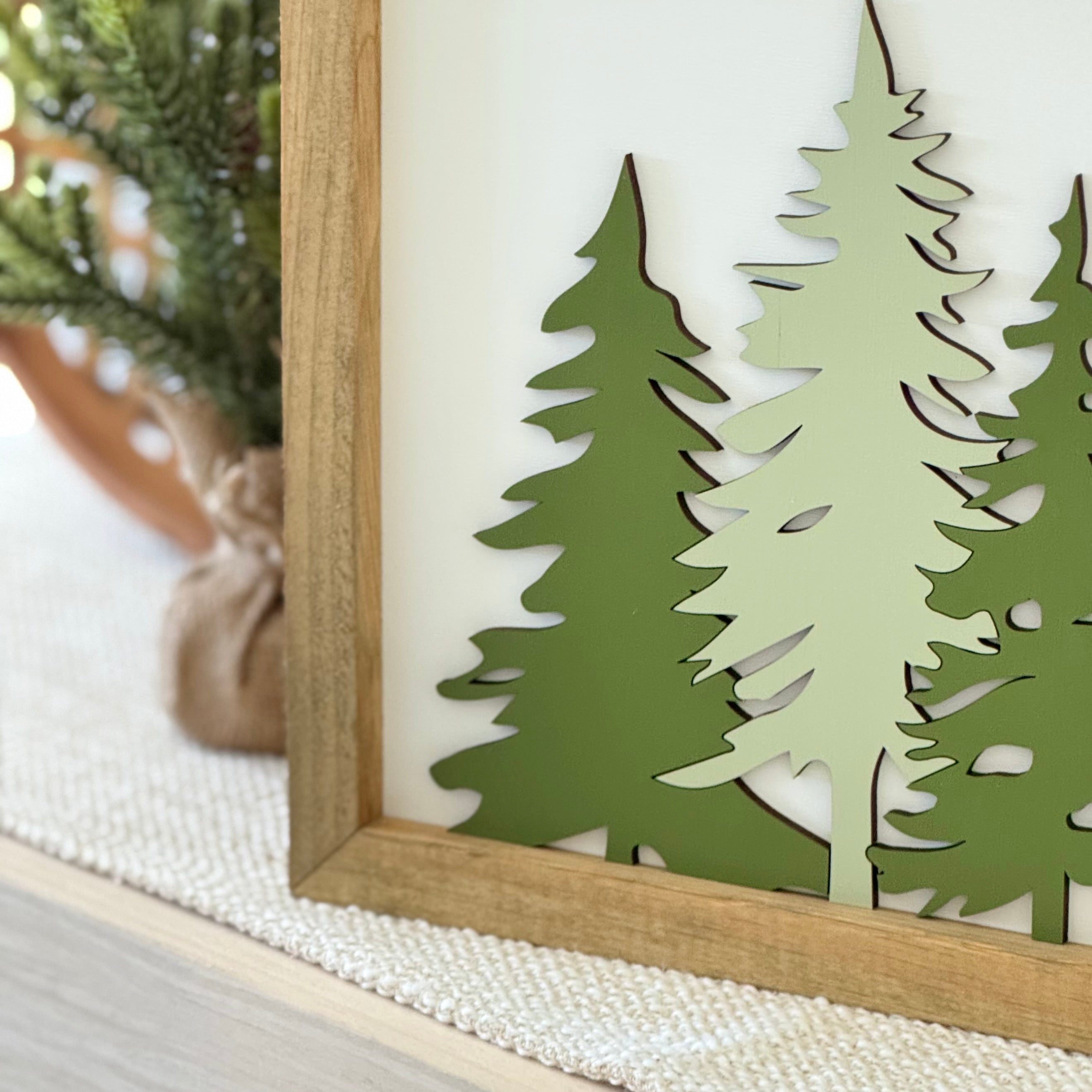 Wooden Framed Evergreen Trees Christmas Sign