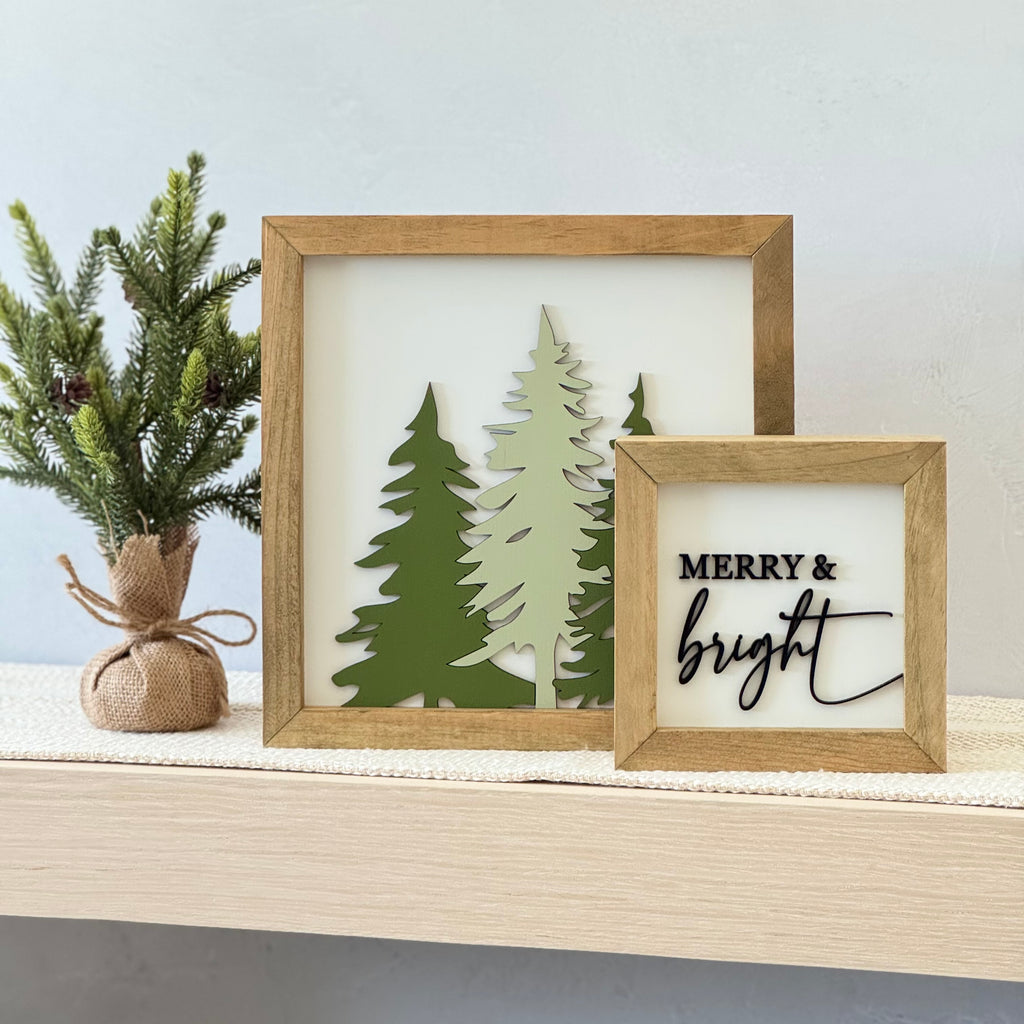 Wooden Framed Evergreen Trees Christmas Sign