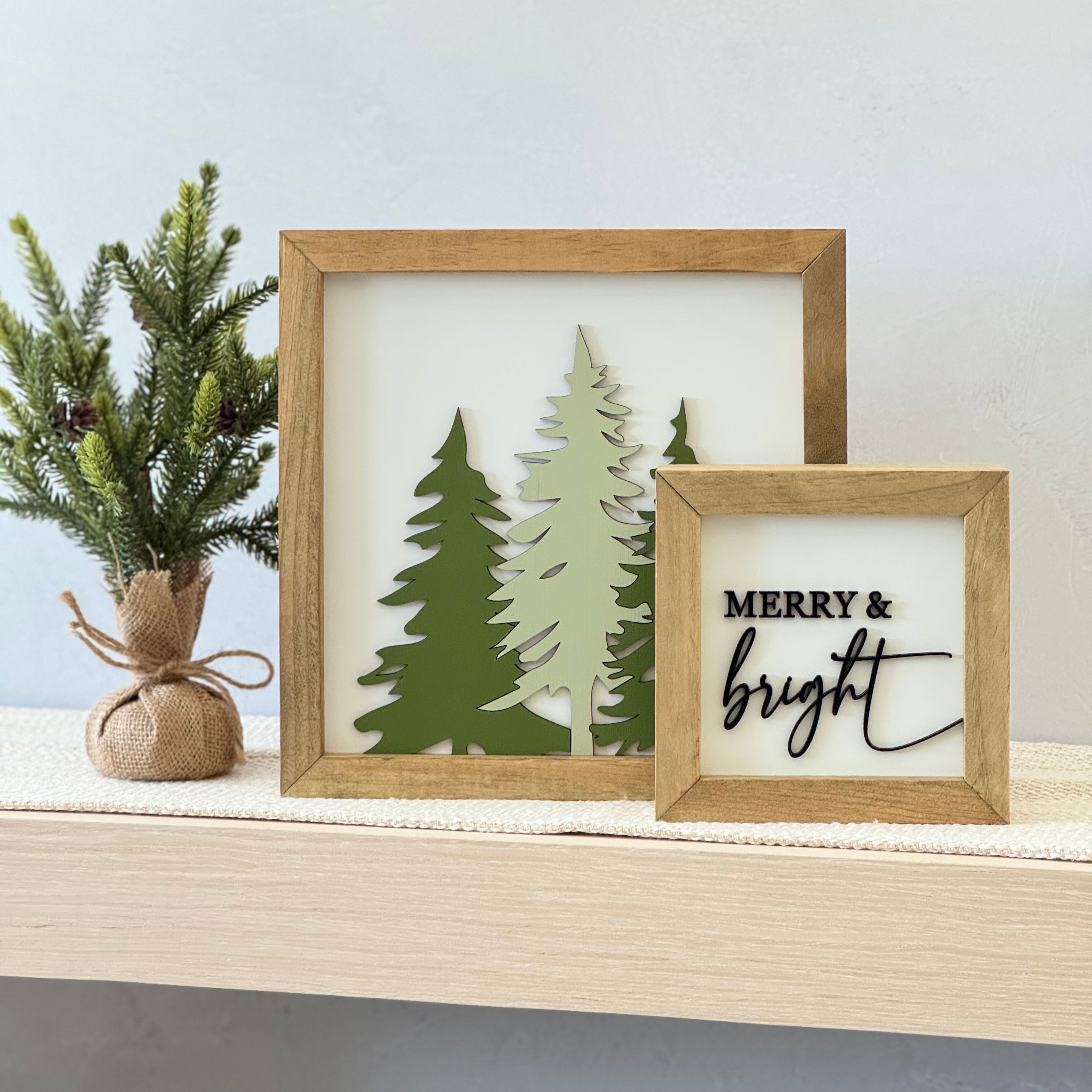 Wooden Framed Evergreen Trees Christmas Sign