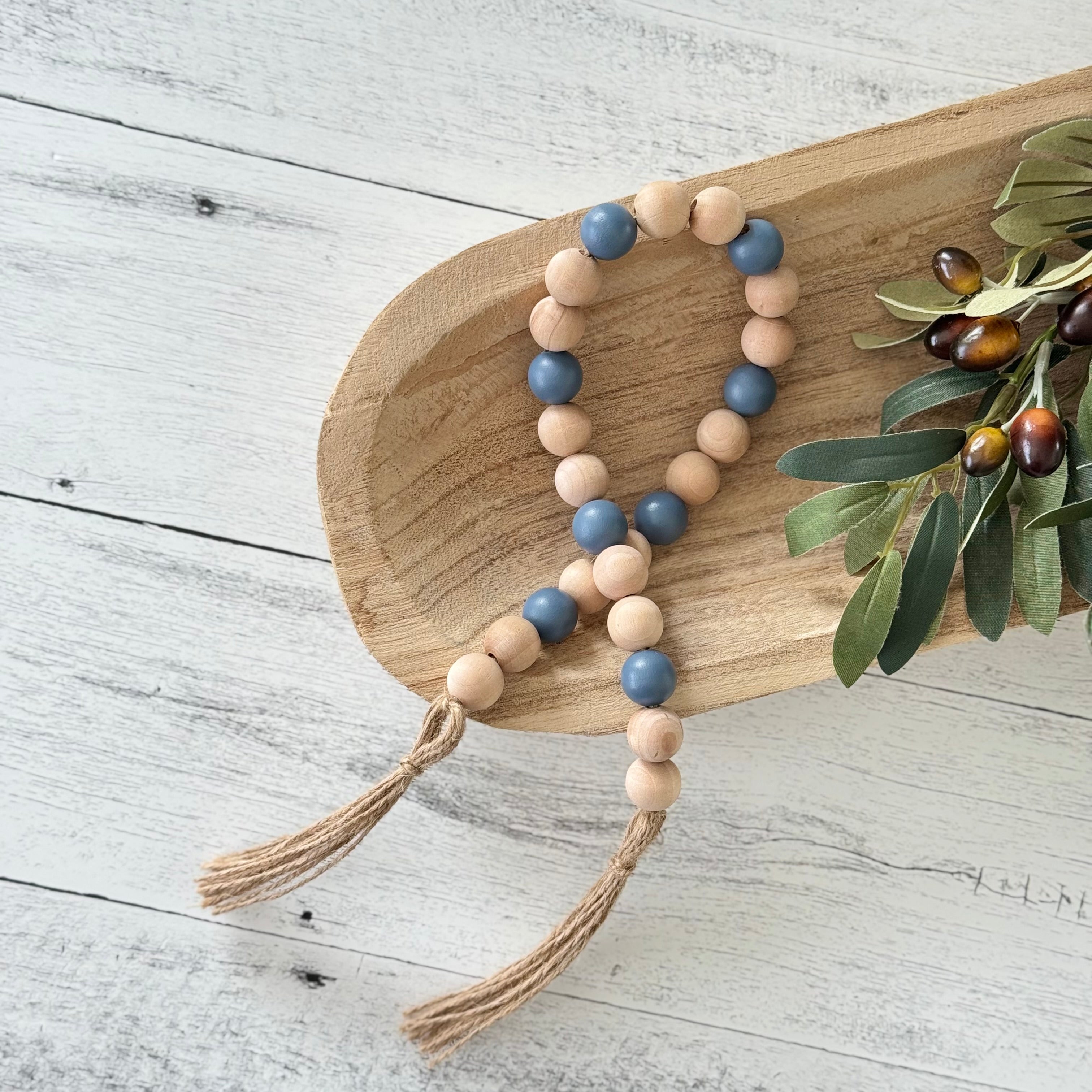 Slate Blue and Natural Wooden Bead Garland