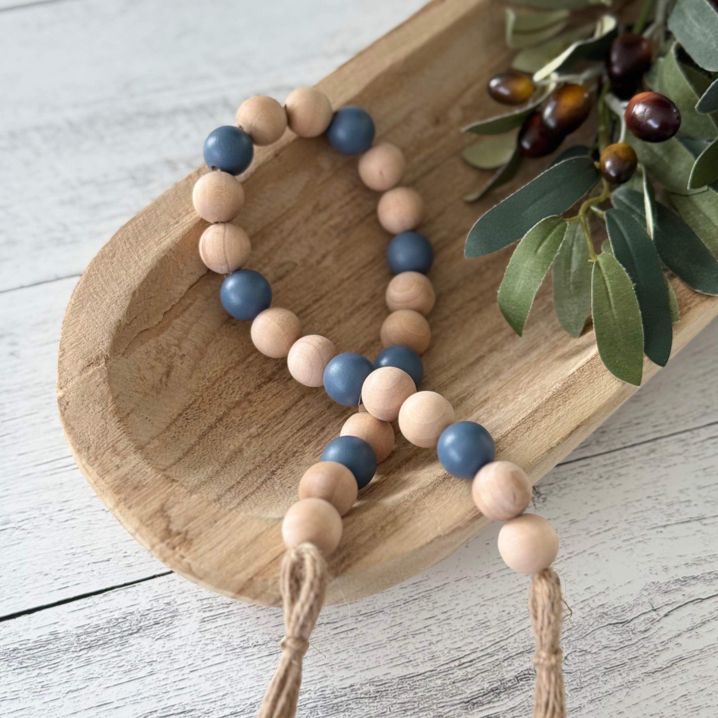 Slate Blue and Natural Wooden Bead Garland
