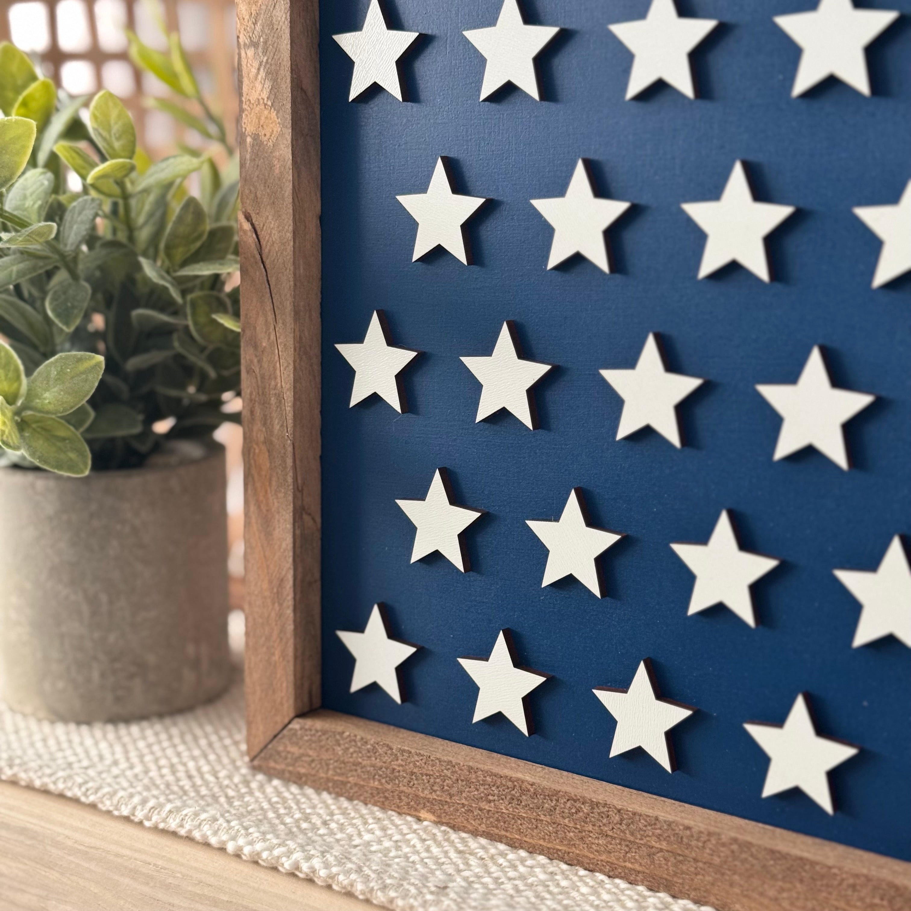 Large Star Pattern Framed 4th of July Wooden Sign