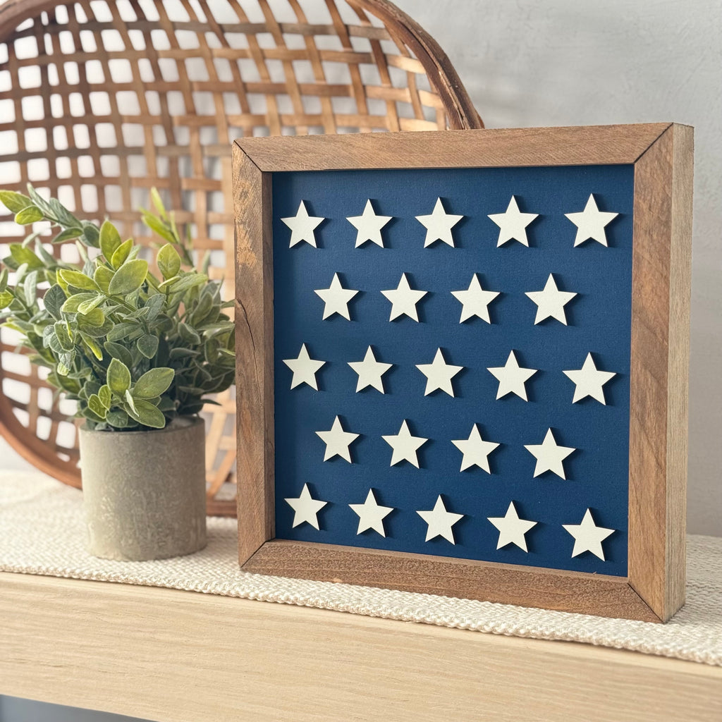 Large Star Pattern Framed 4th of July Wooden Sign