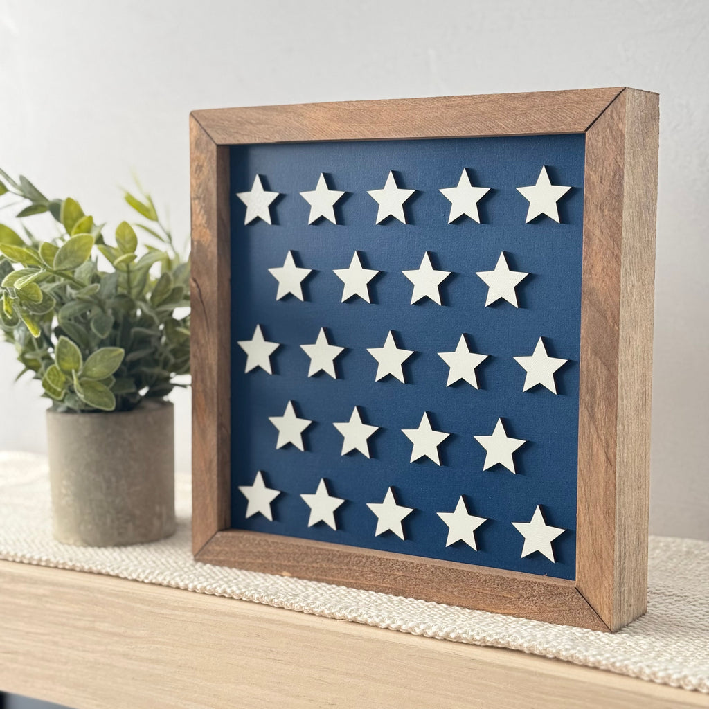 Large Star Pattern Framed 4th of July Wooden Sign