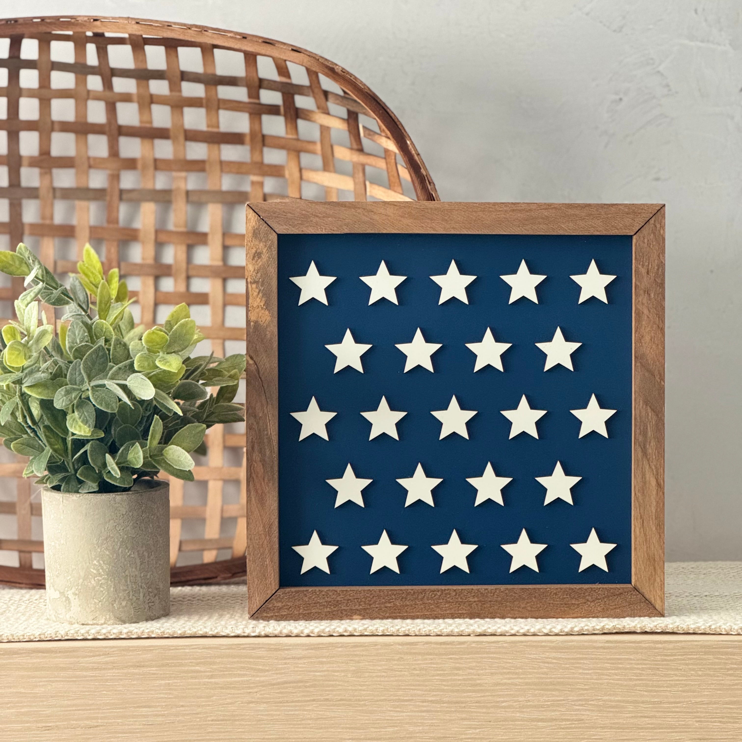 Large Star Pattern Framed 4th of July Wooden Sign