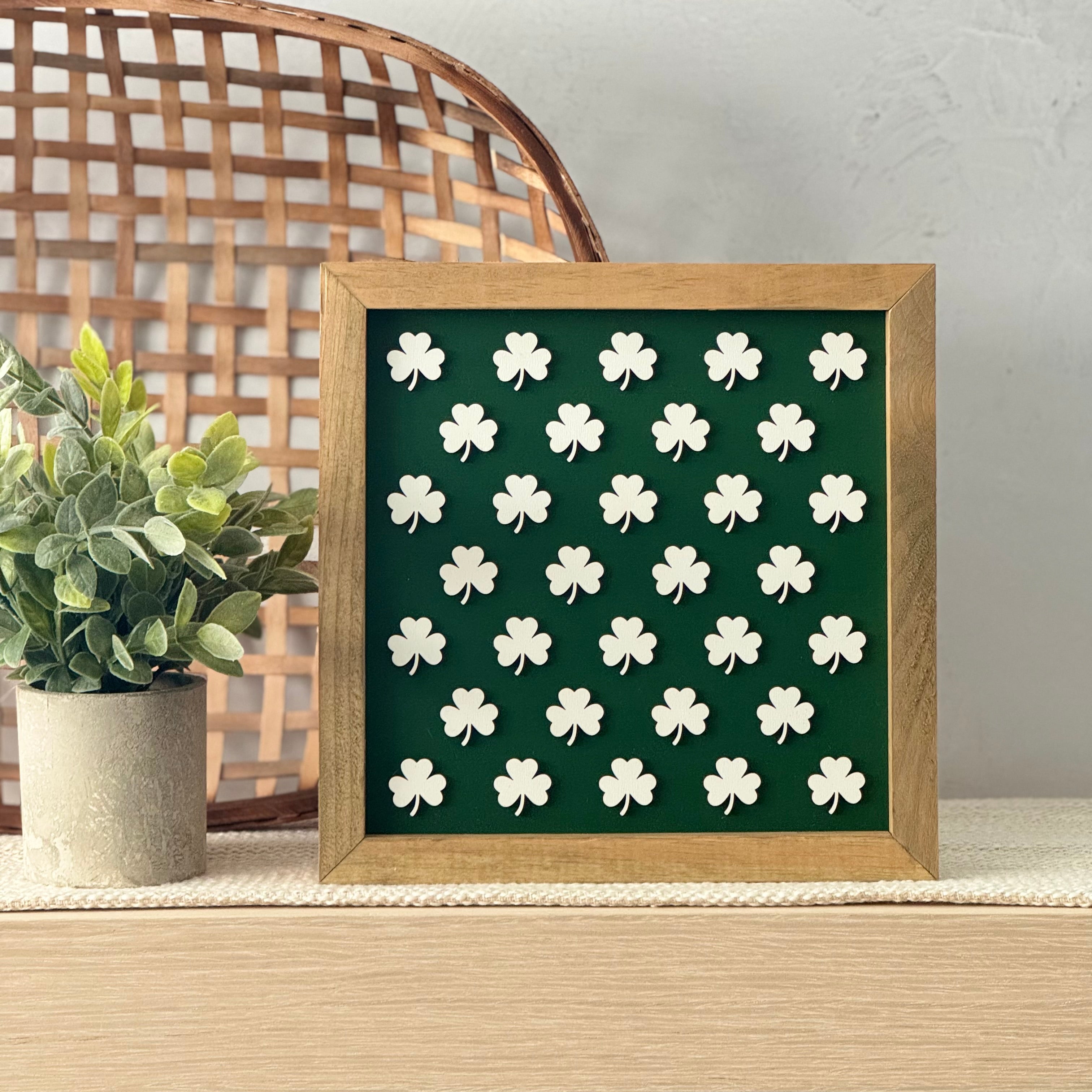 Large Shamrock Pattern Framed St. Patrick’s Day Wooden Sign