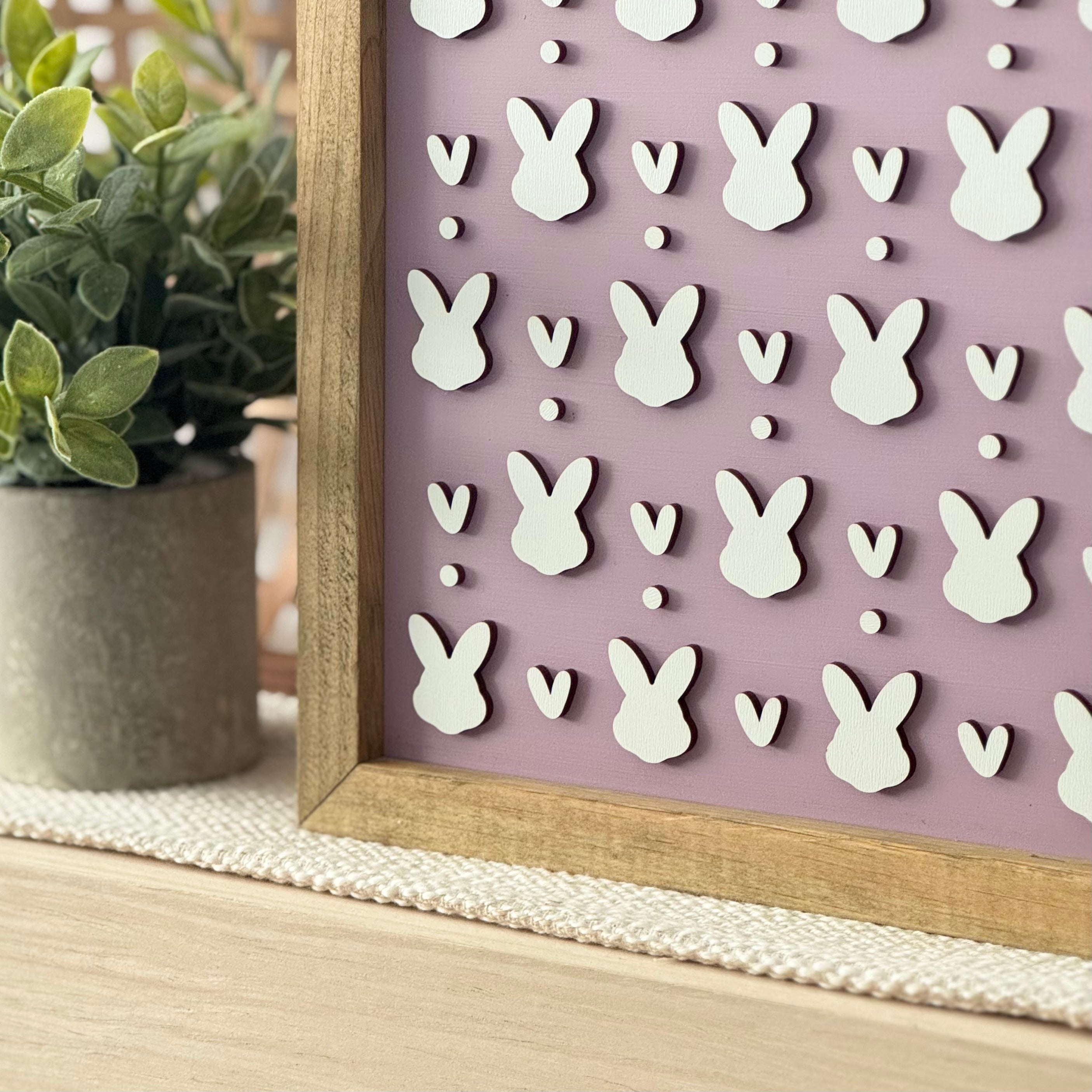 Large Bunny Pattern Framed Pastel Easter Wooden Sign