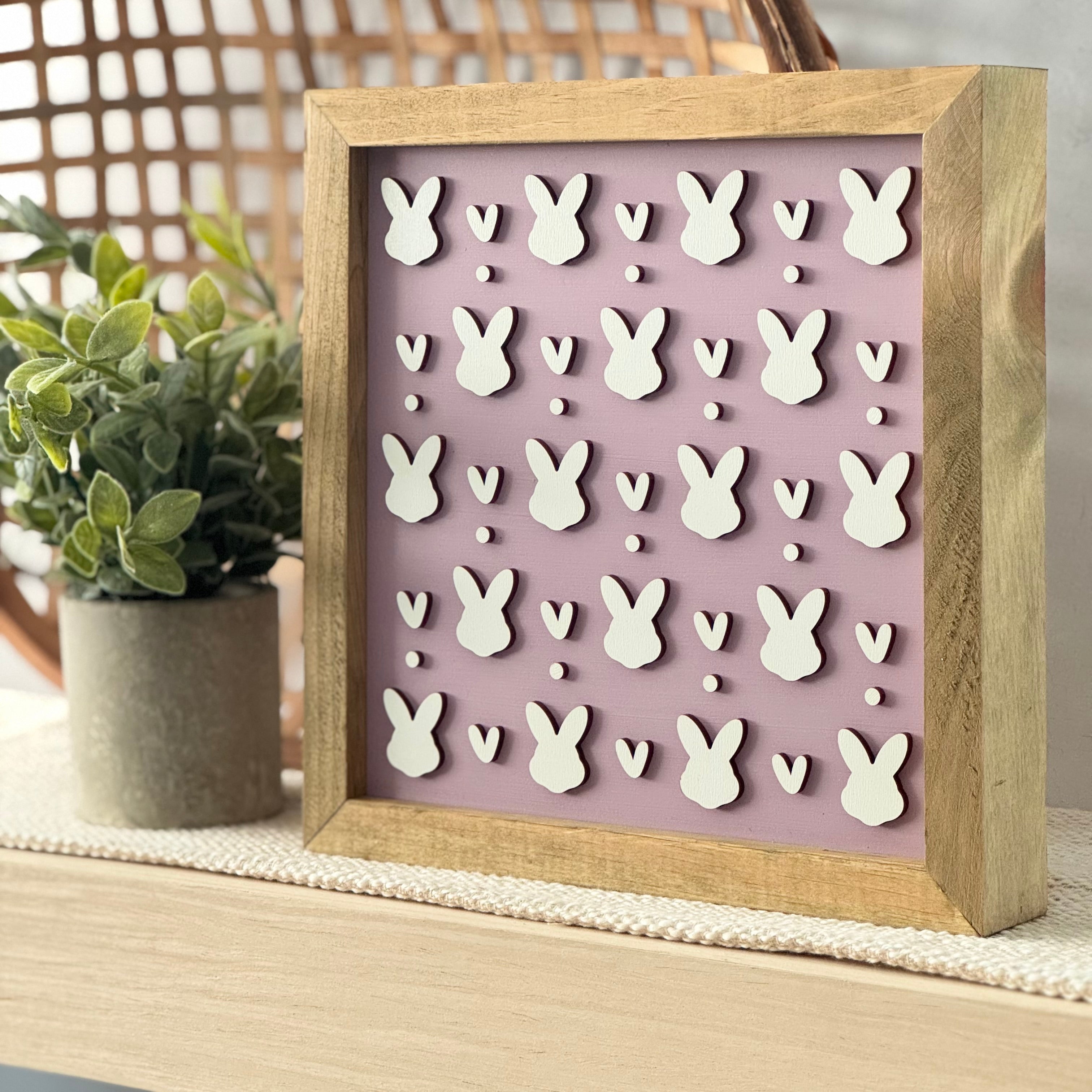 Large Bunny Pattern Framed Pastel Easter Wooden Sign
