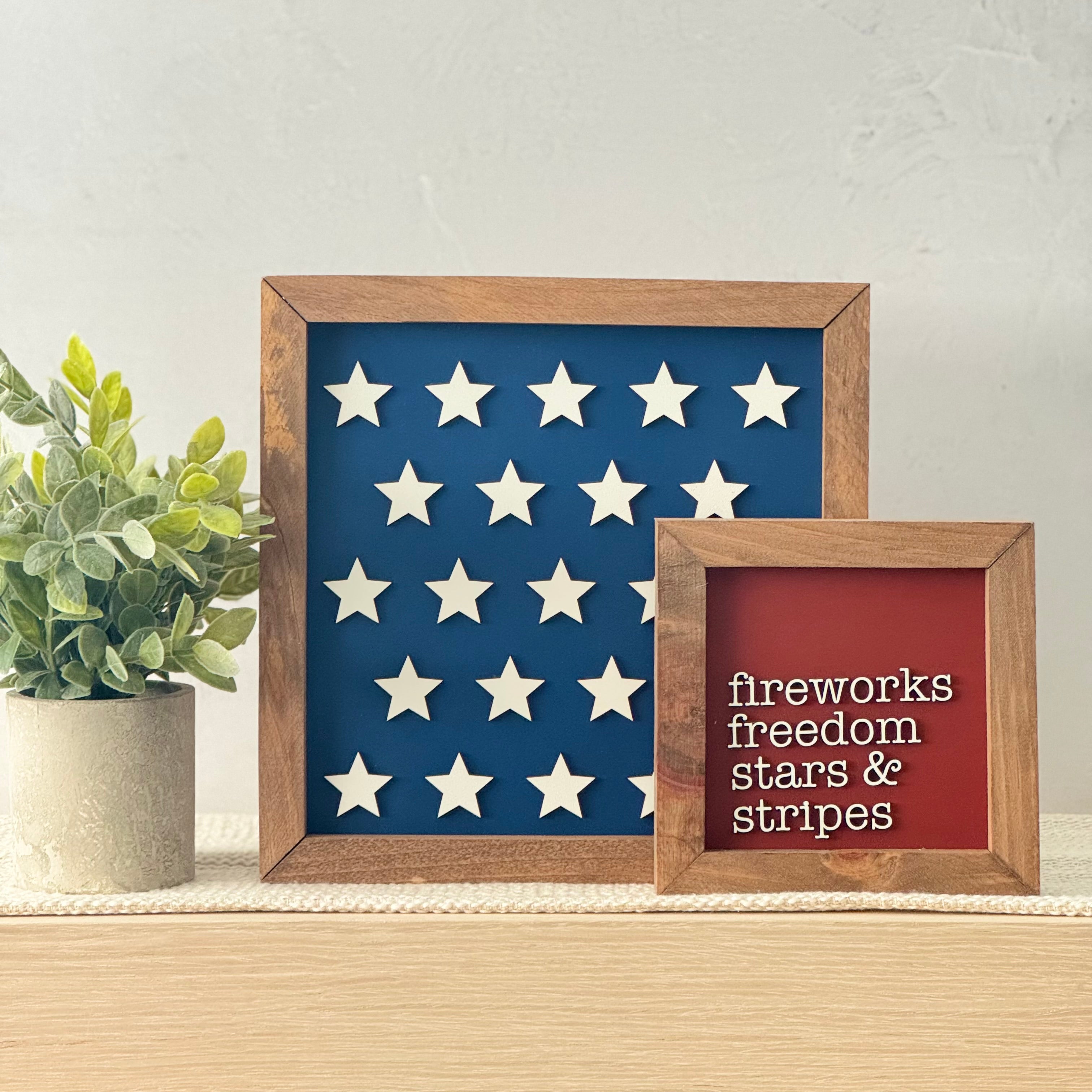 Fireworks Freedom Stars & Stripes Framed 4th of July Wooden Sign