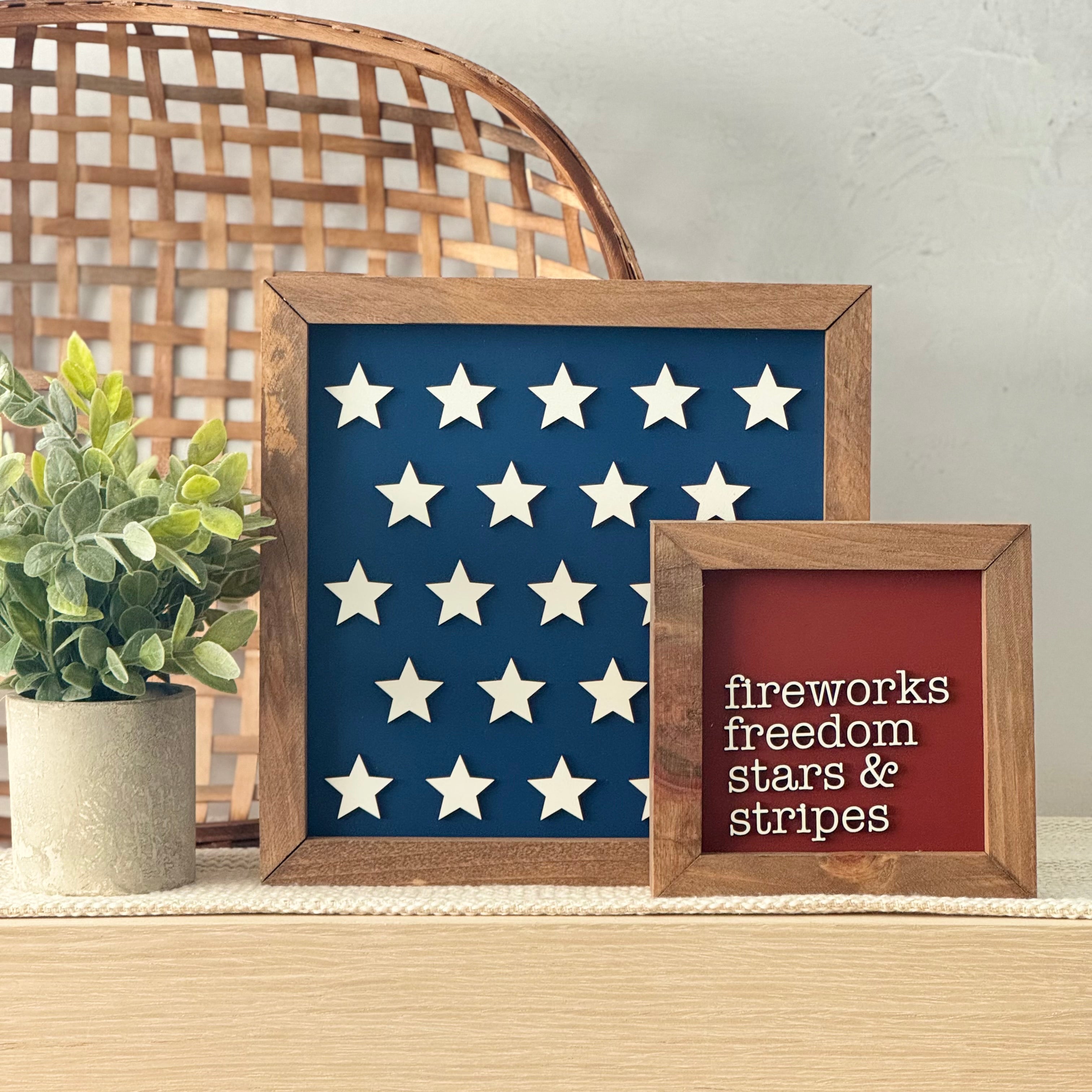 Fireworks Freedom Stars & Stripes Framed 4th of July Wooden Sign