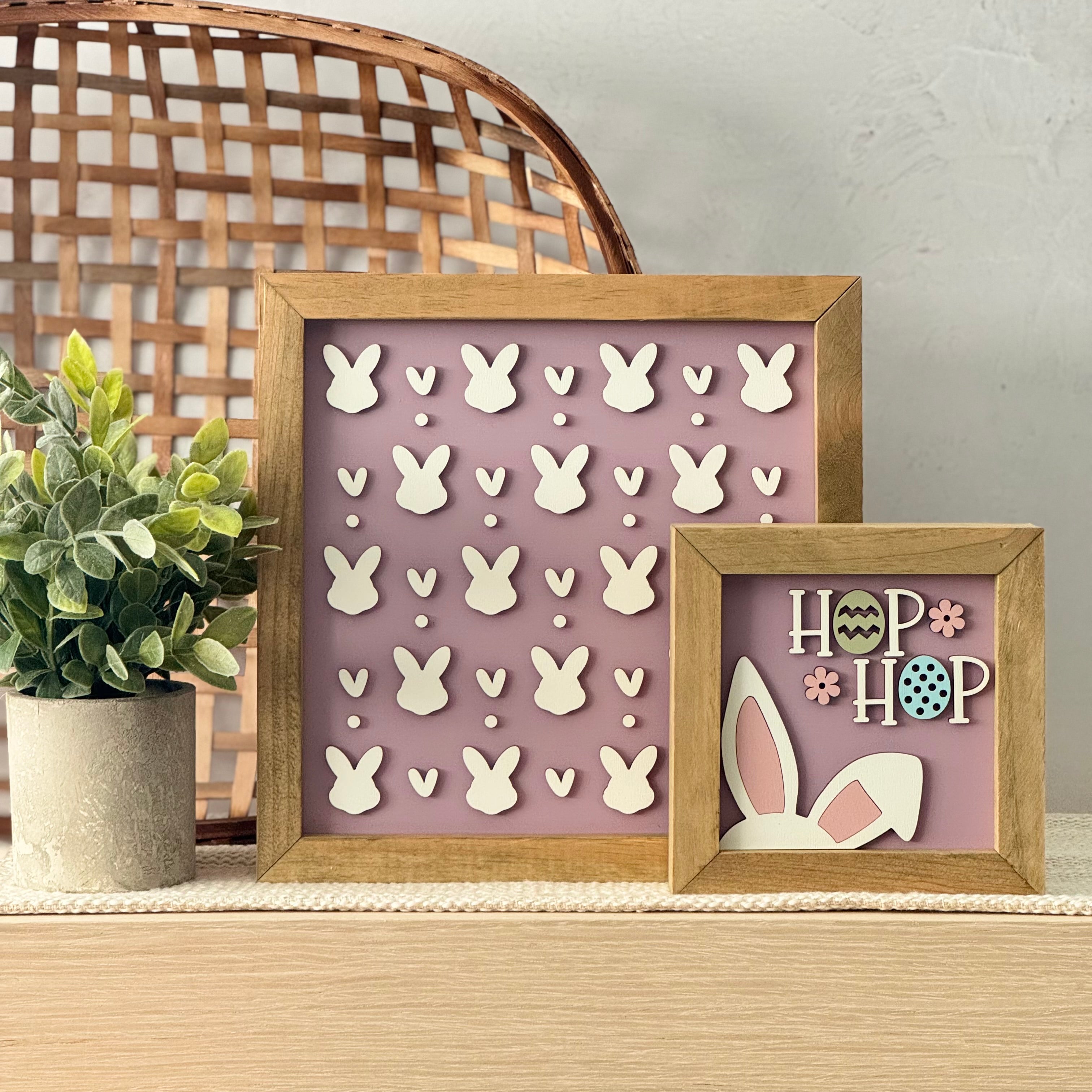 Hop Hop Bunny Ears Framed Pastel Easter Wooden Sign