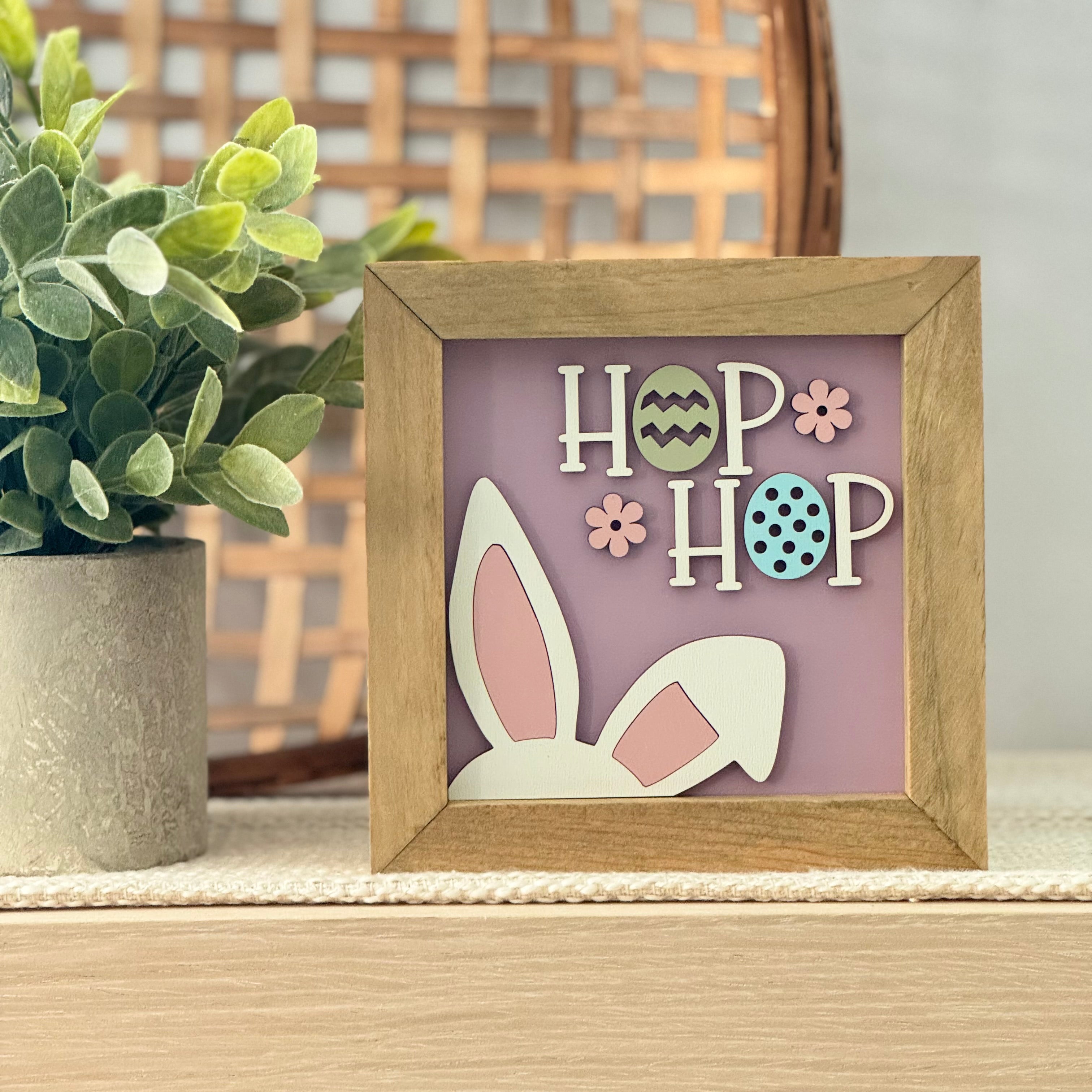 Hop Hop Bunny Ears Framed Pastel Easter Wooden Sign