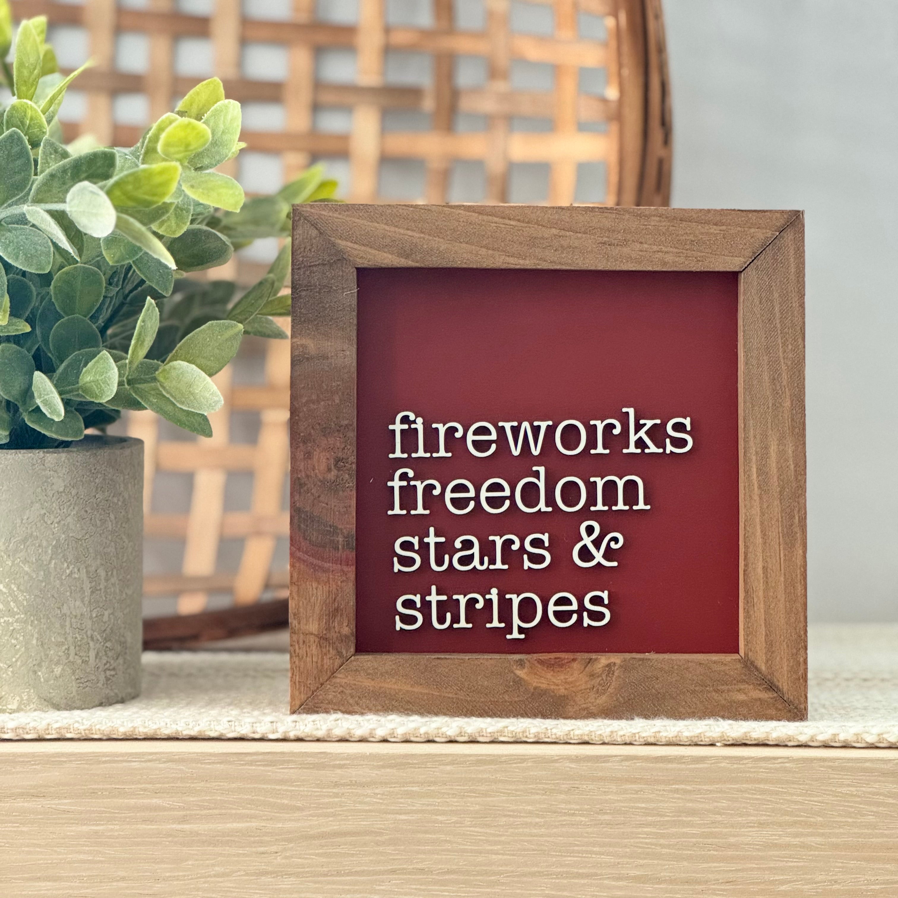 Fireworks Freedom Stars & Stripes Framed 4th of July Wooden Sign