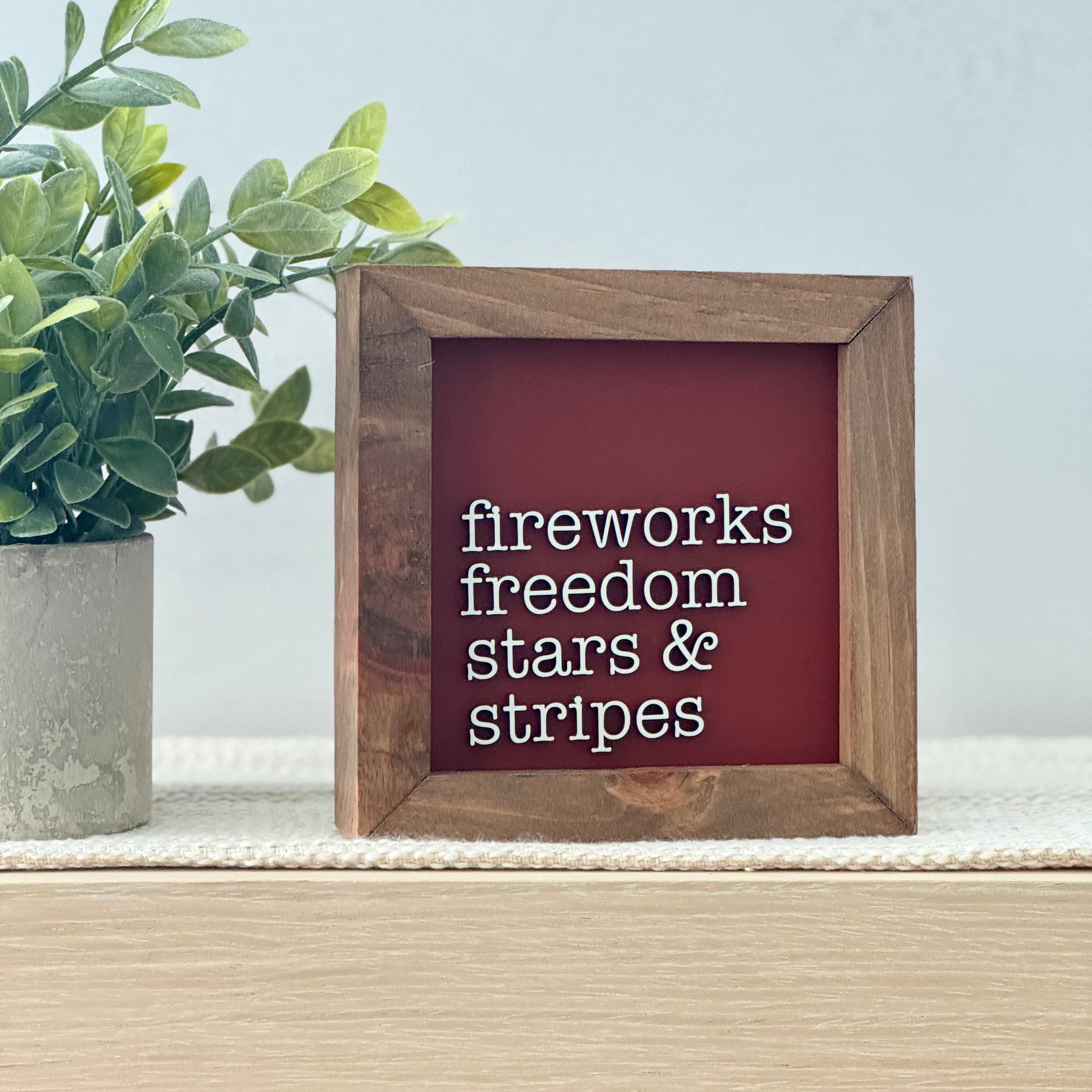 Fireworks Freedom Stars & Stripes Framed 4th of July Wooden Sign
