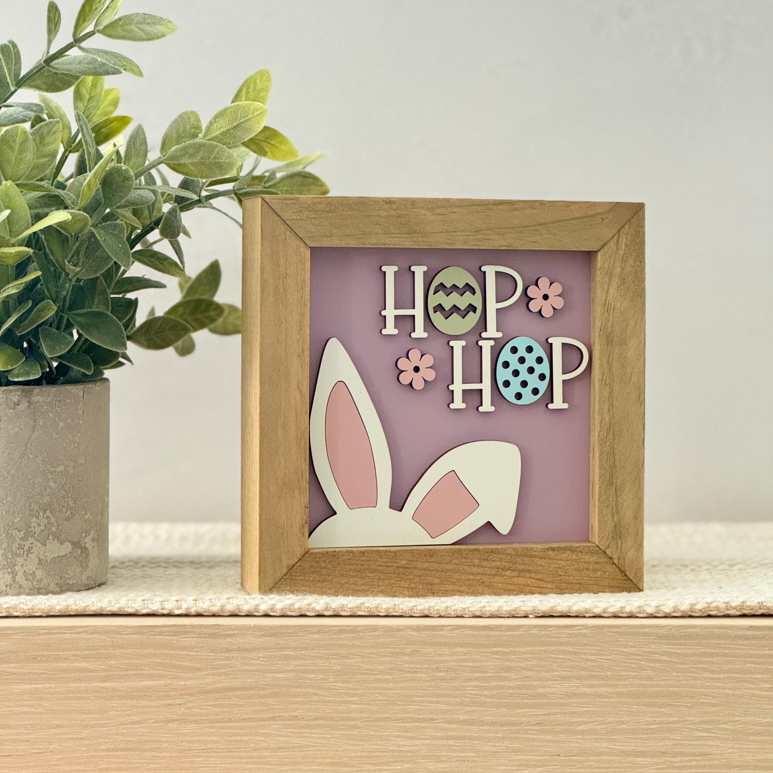 Hop Hop Bunny Ears Framed Pastel Easter Wooden Sign