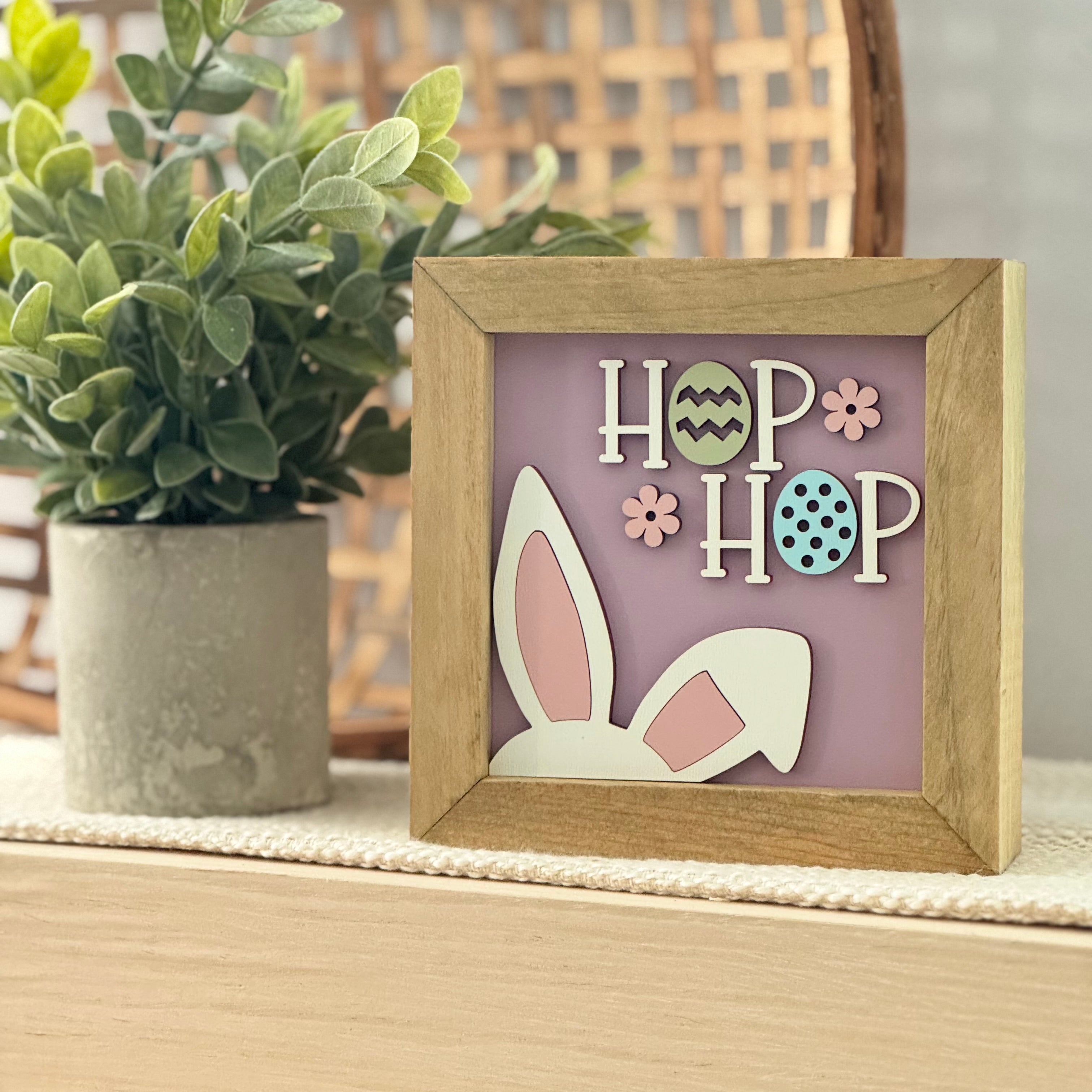Hop Hop Bunny Ears Framed Pastel Easter Wooden Sign