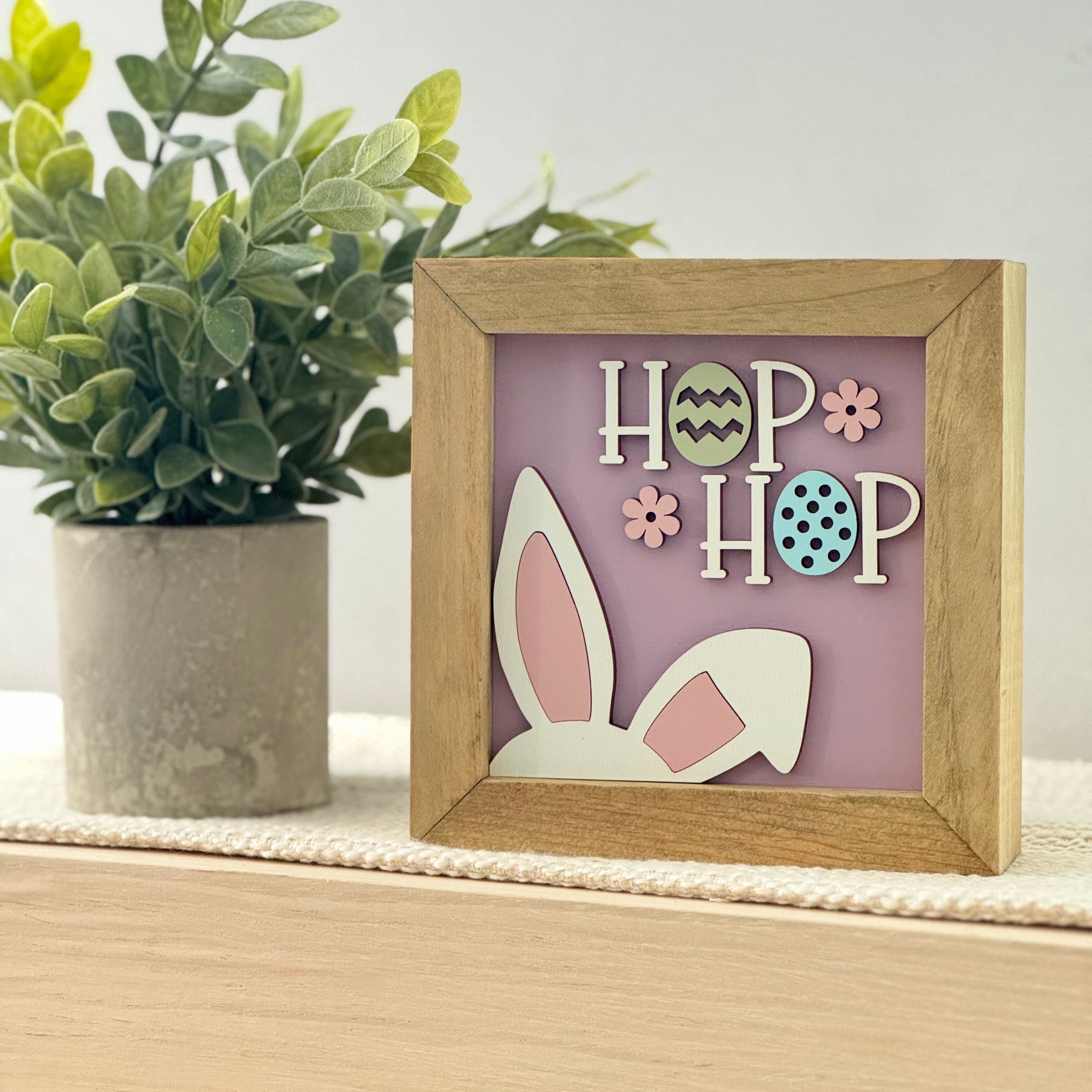 Hop Hop Bunny Ears Framed Pastel Easter Wooden Sign