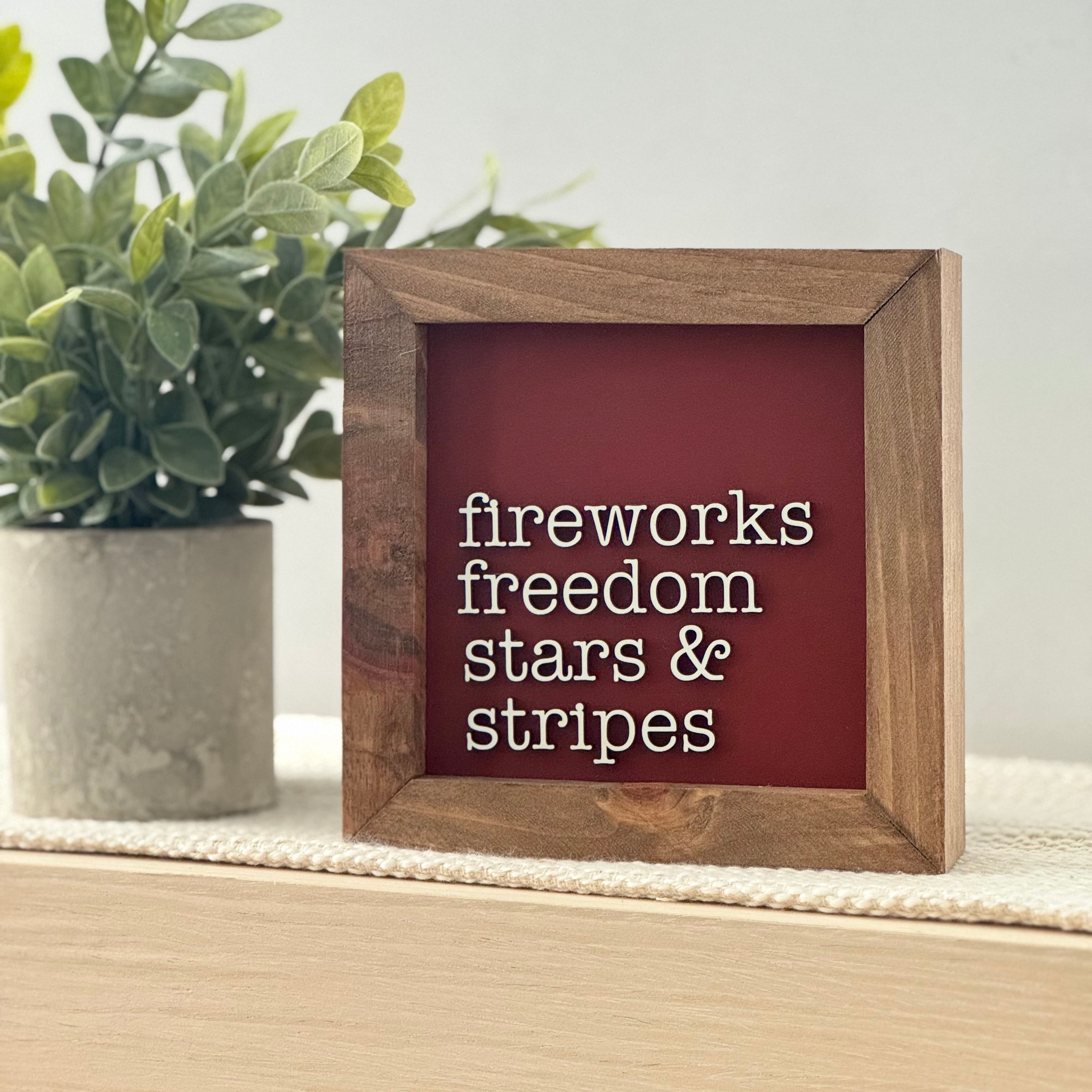Fireworks Freedom Stars & Stripes Framed 4th of July Wooden Sign