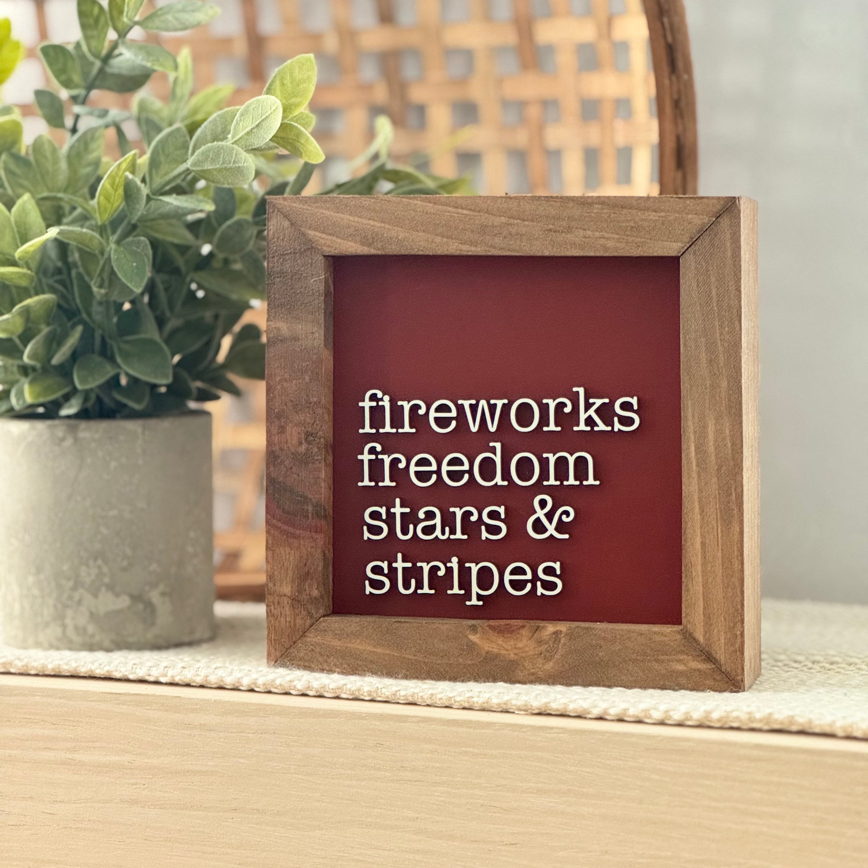 Fireworks Freedom Stars & Stripes Framed 4th of July Wooden Sign
