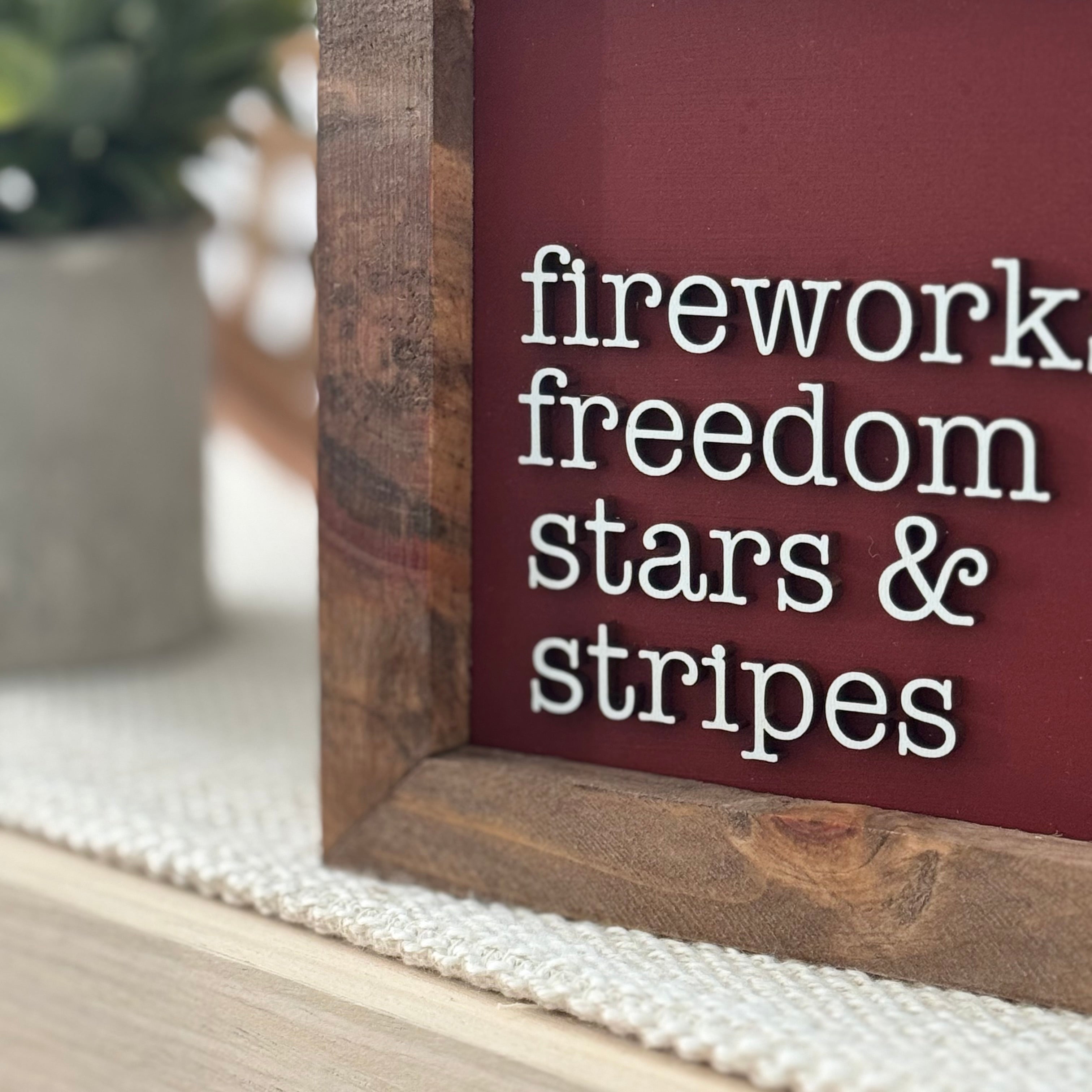 Fireworks Freedom Stars & Stripes Framed 4th of July Wooden Sign