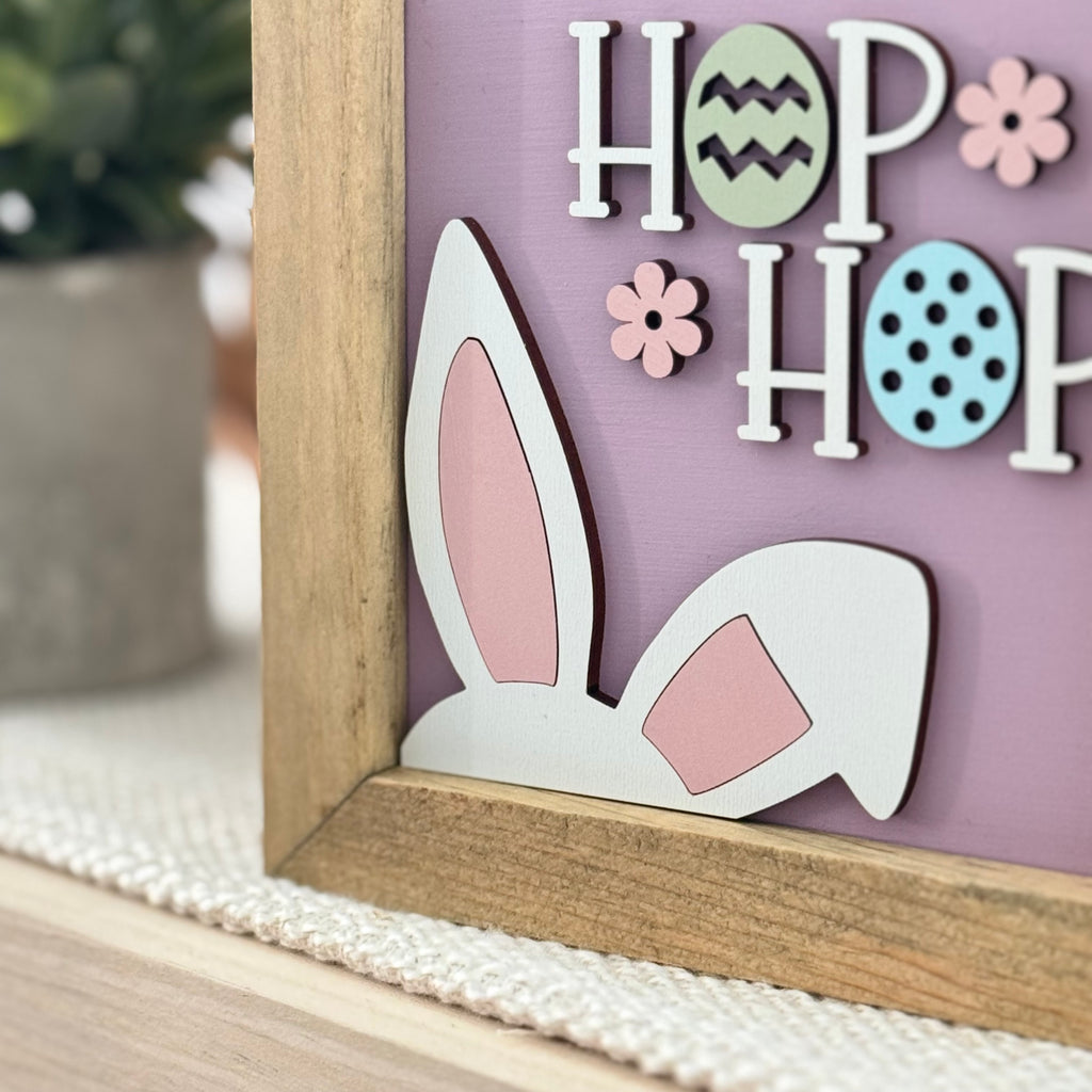 Hop Hop Bunny Ears Framed Pastel Easter Wooden Sign