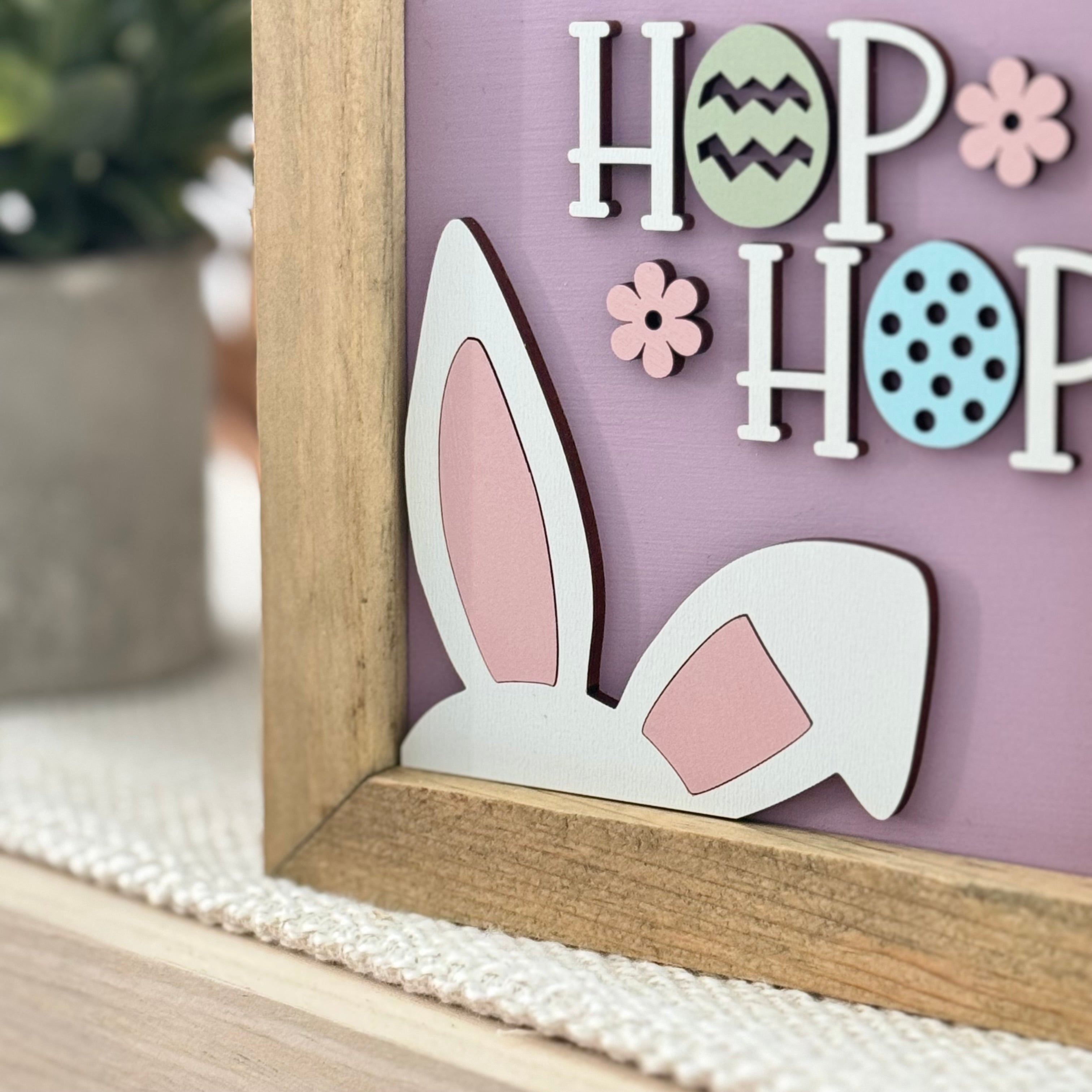Hop Hop Bunny Ears Framed Pastel Easter Wooden Sign