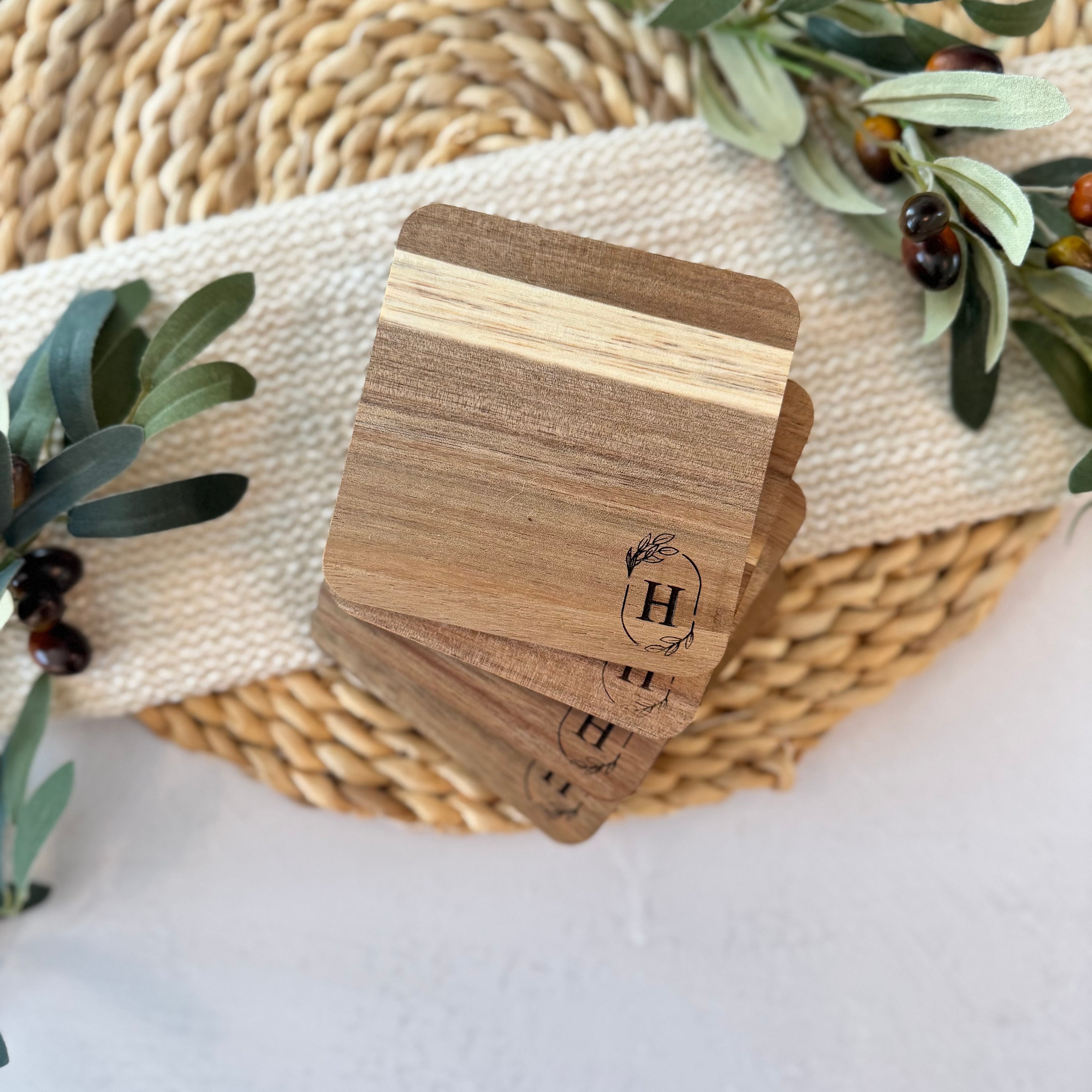 Personalized Initial Wooden Acacia Coaster Set