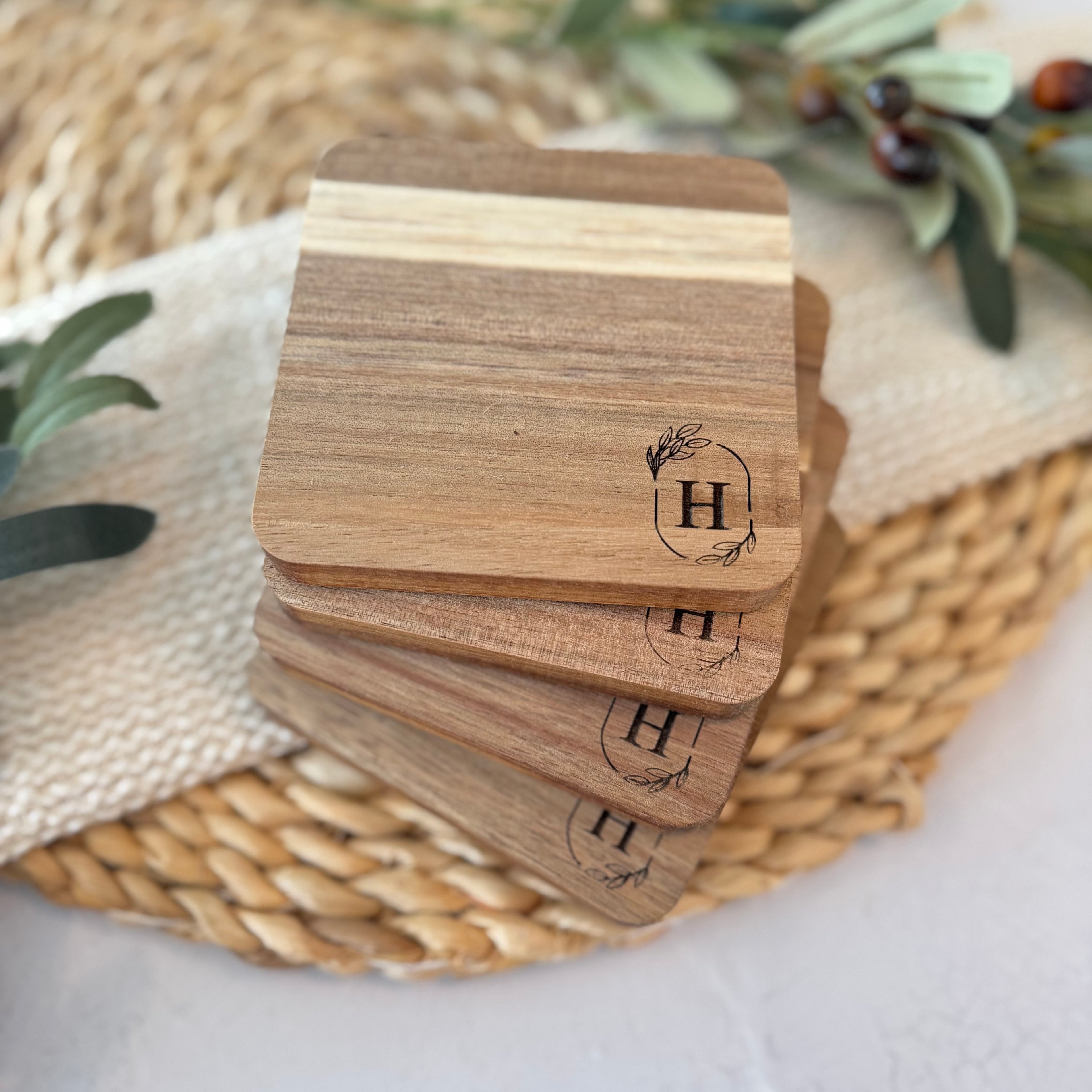 Personalized Initial Wooden Acacia Coaster Set