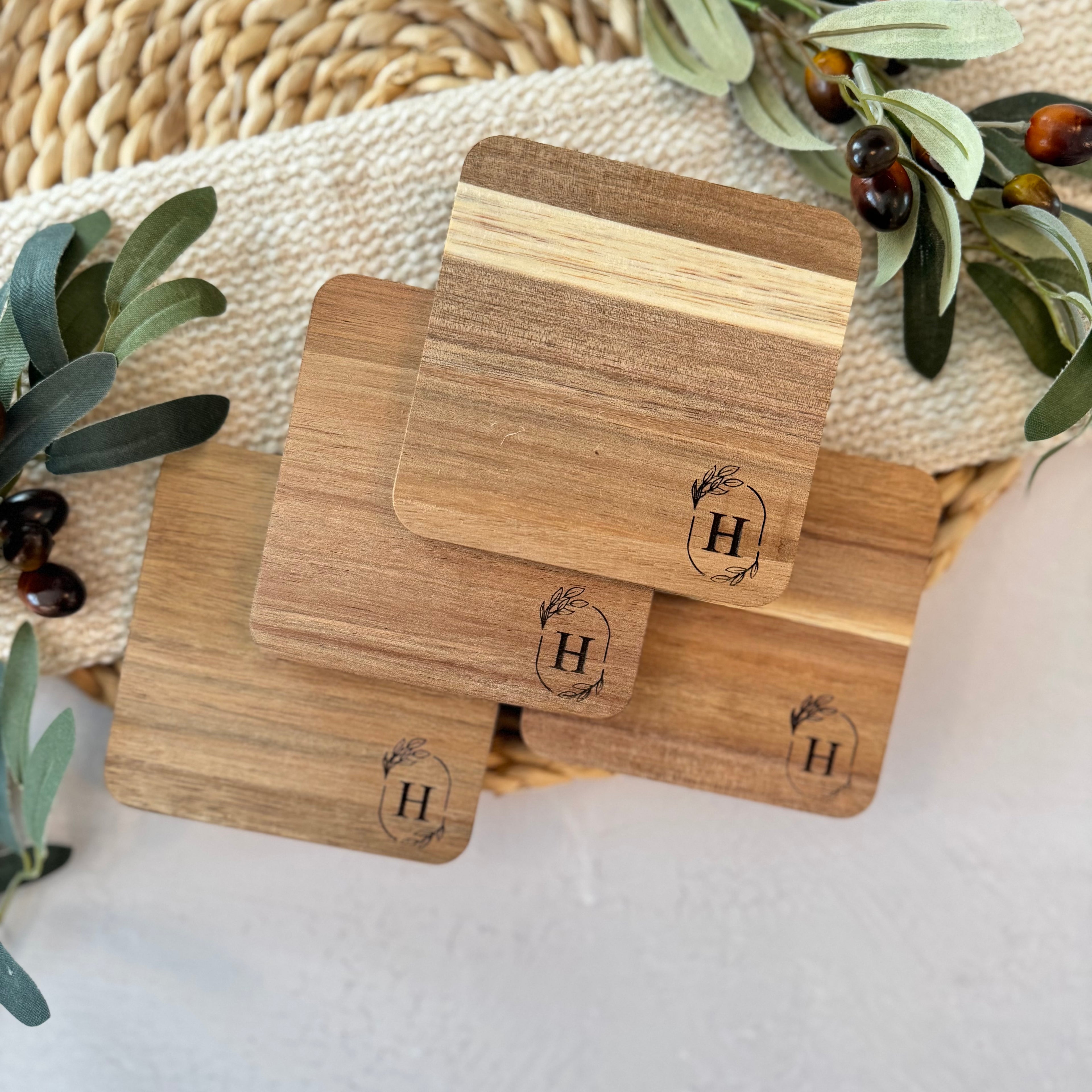 Personalized Initial Wooden Acacia Coaster Set