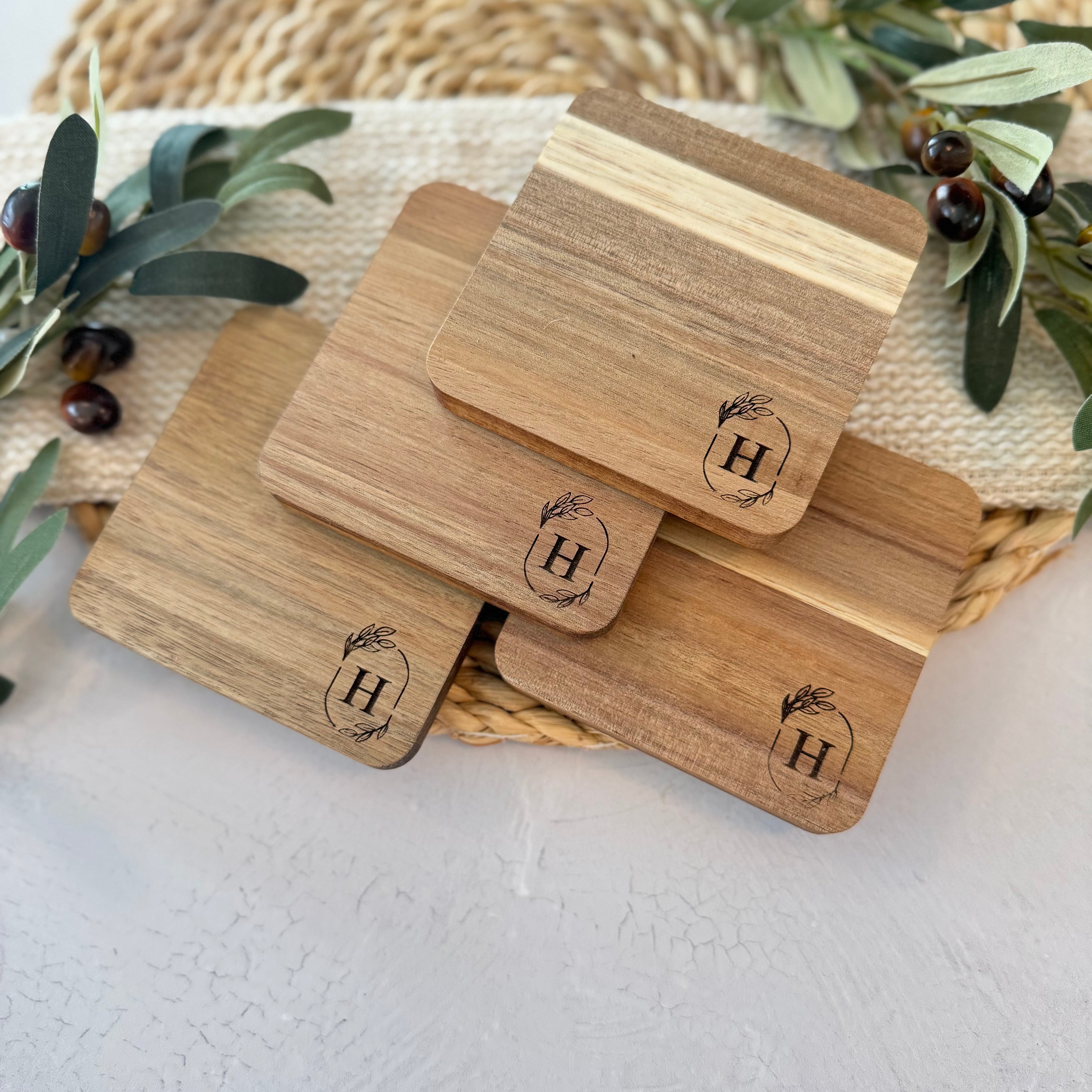 Personalized Initial Wooden Acacia Coaster Set