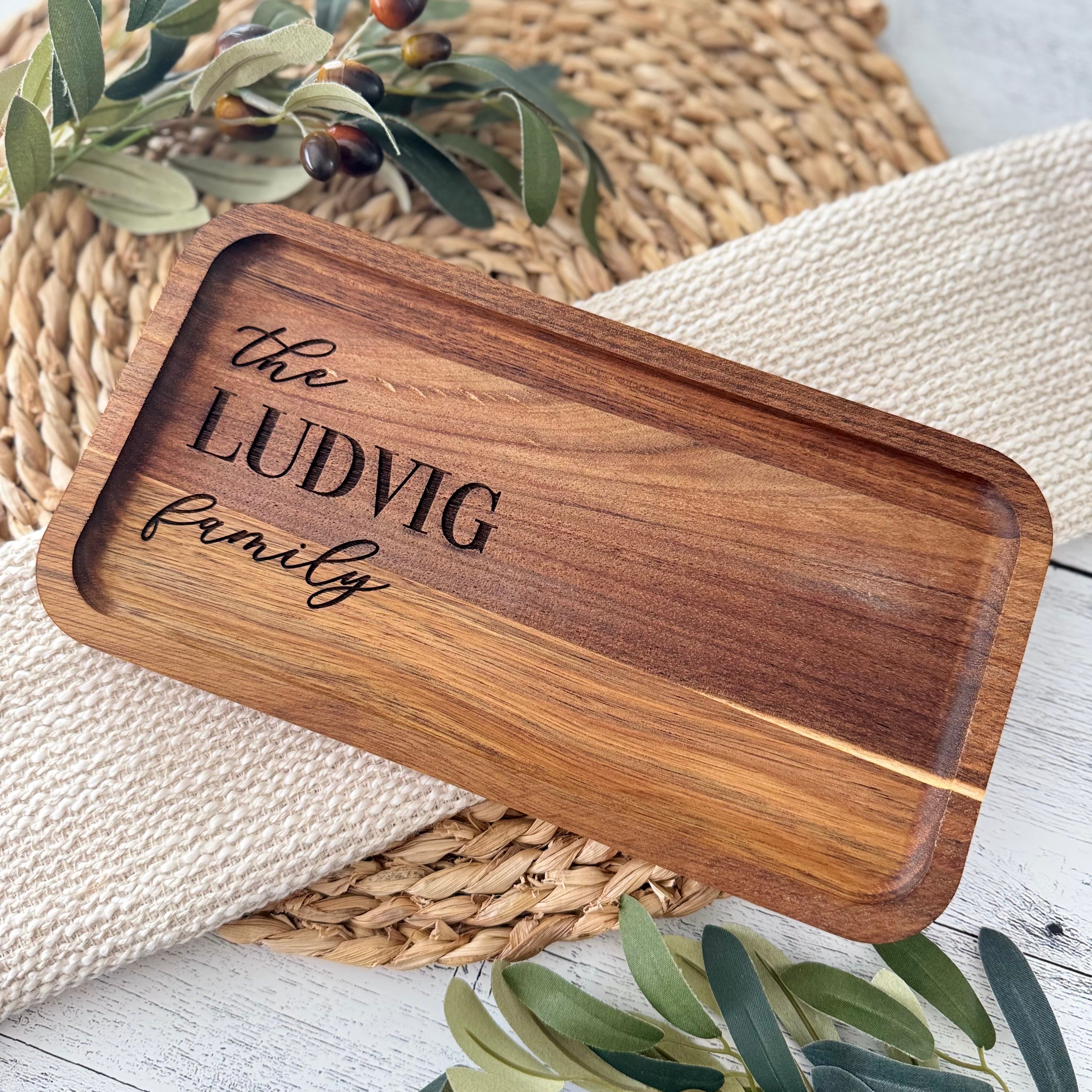 Personalized Acacia Wood Valet Tray with Family Name