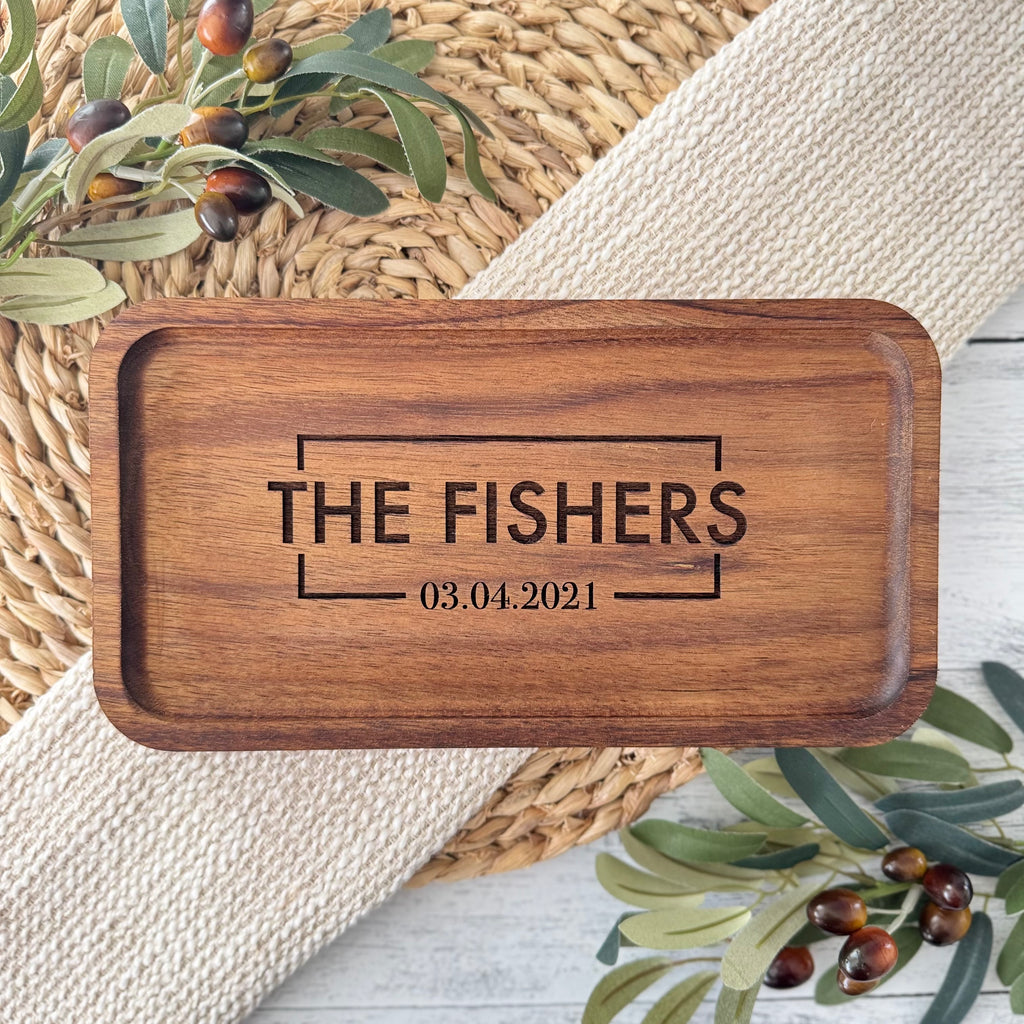 Personalized Acacia Wood Valet Tray with Family Name and Date