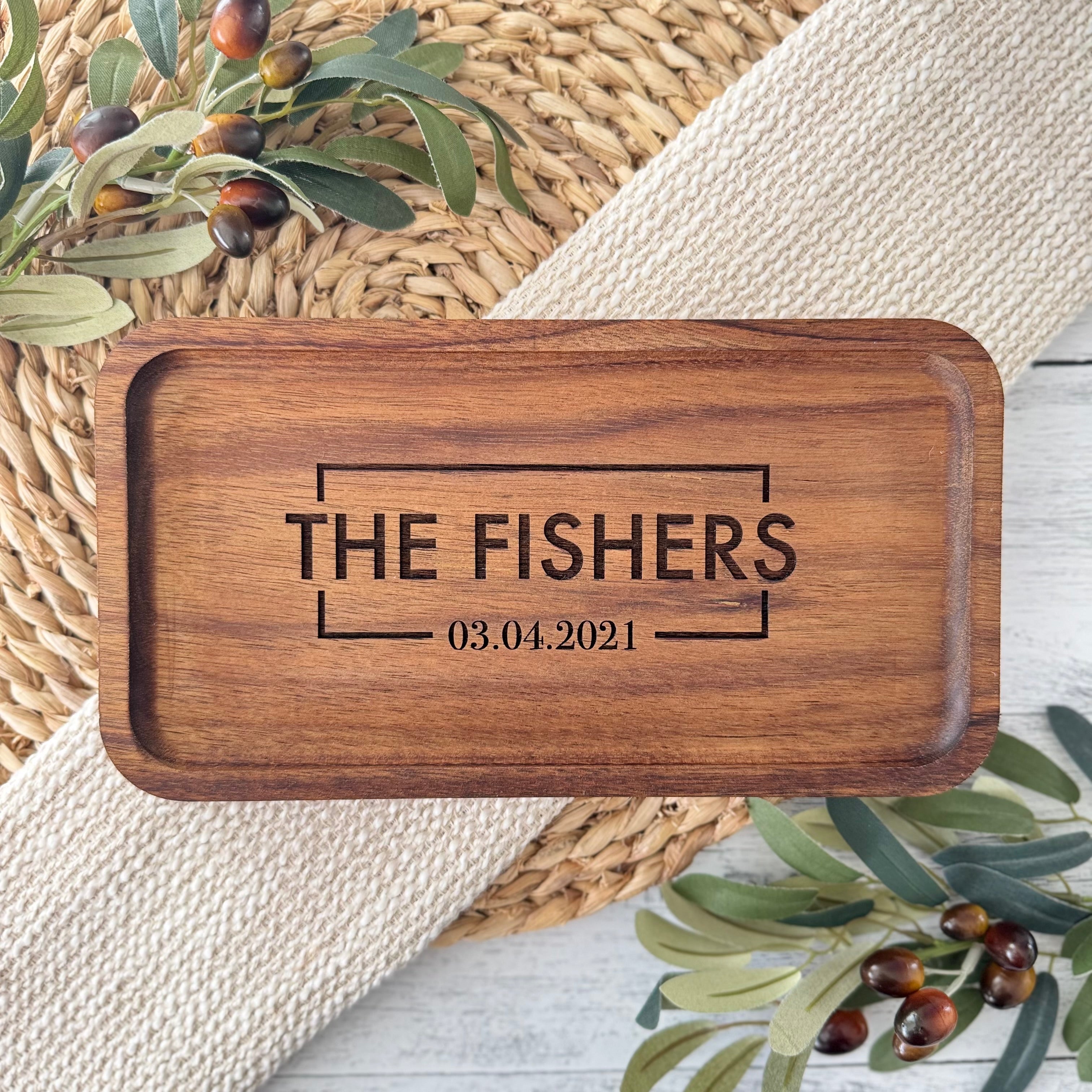 Personalized Acacia Wood Valet Tray with Family Name and Date
