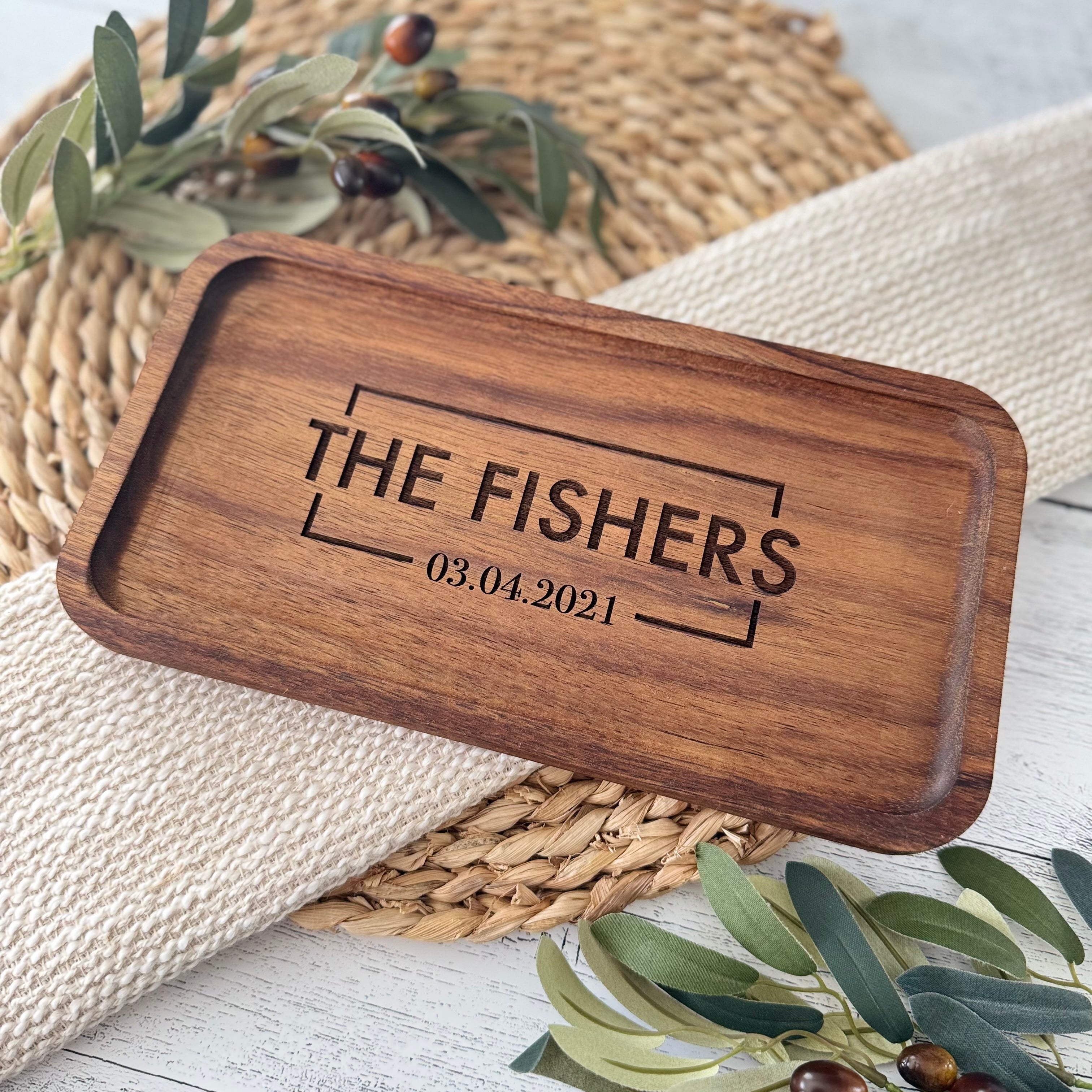Personalized Acacia Wood Valet Tray with Family Name and Date