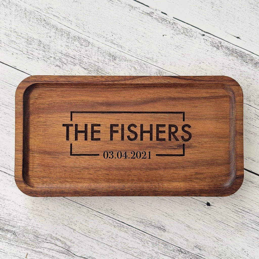 Personalized Acacia Wood Valet Tray with Family Name and Date
