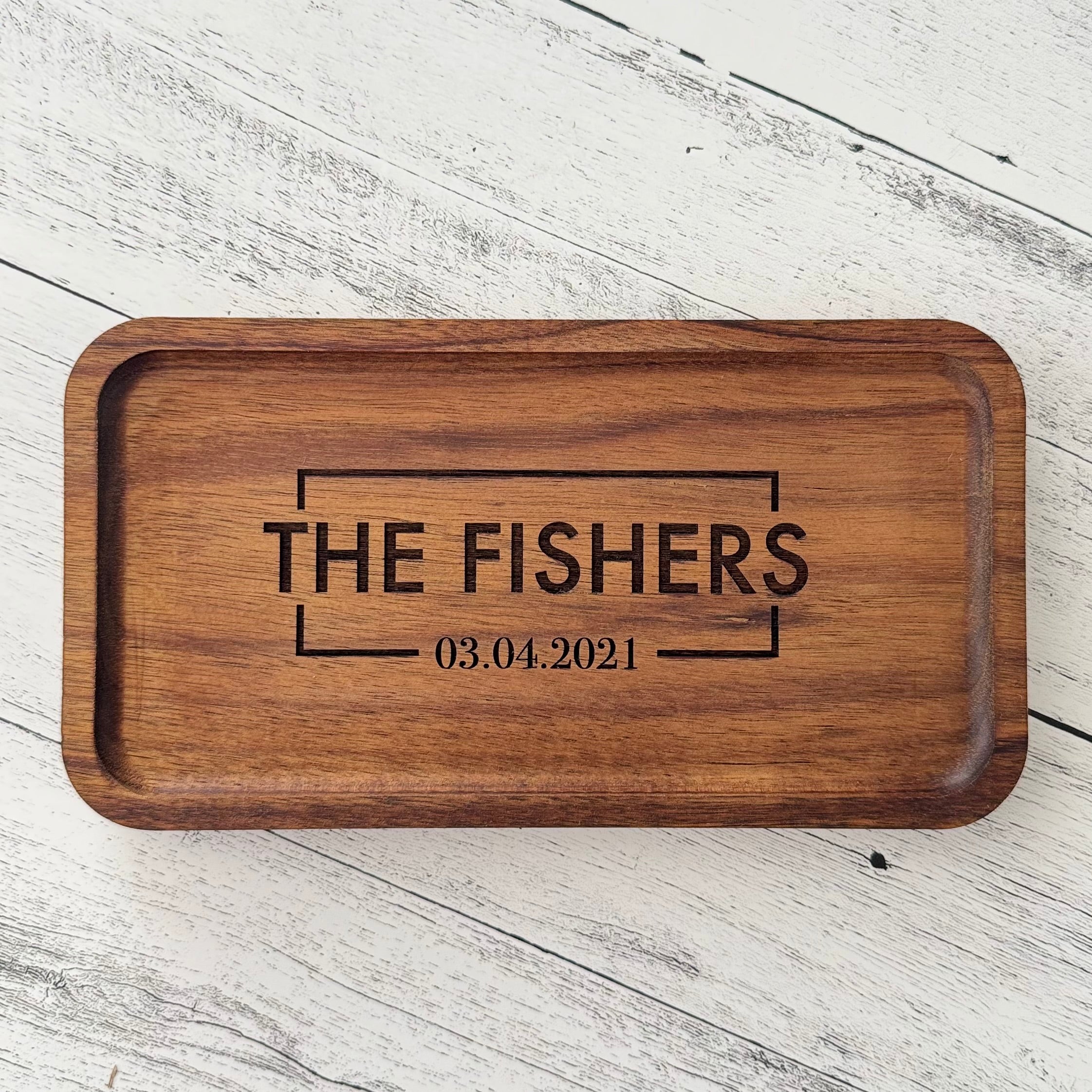 Personalized Acacia Wood Valet Tray with Family Name and Date