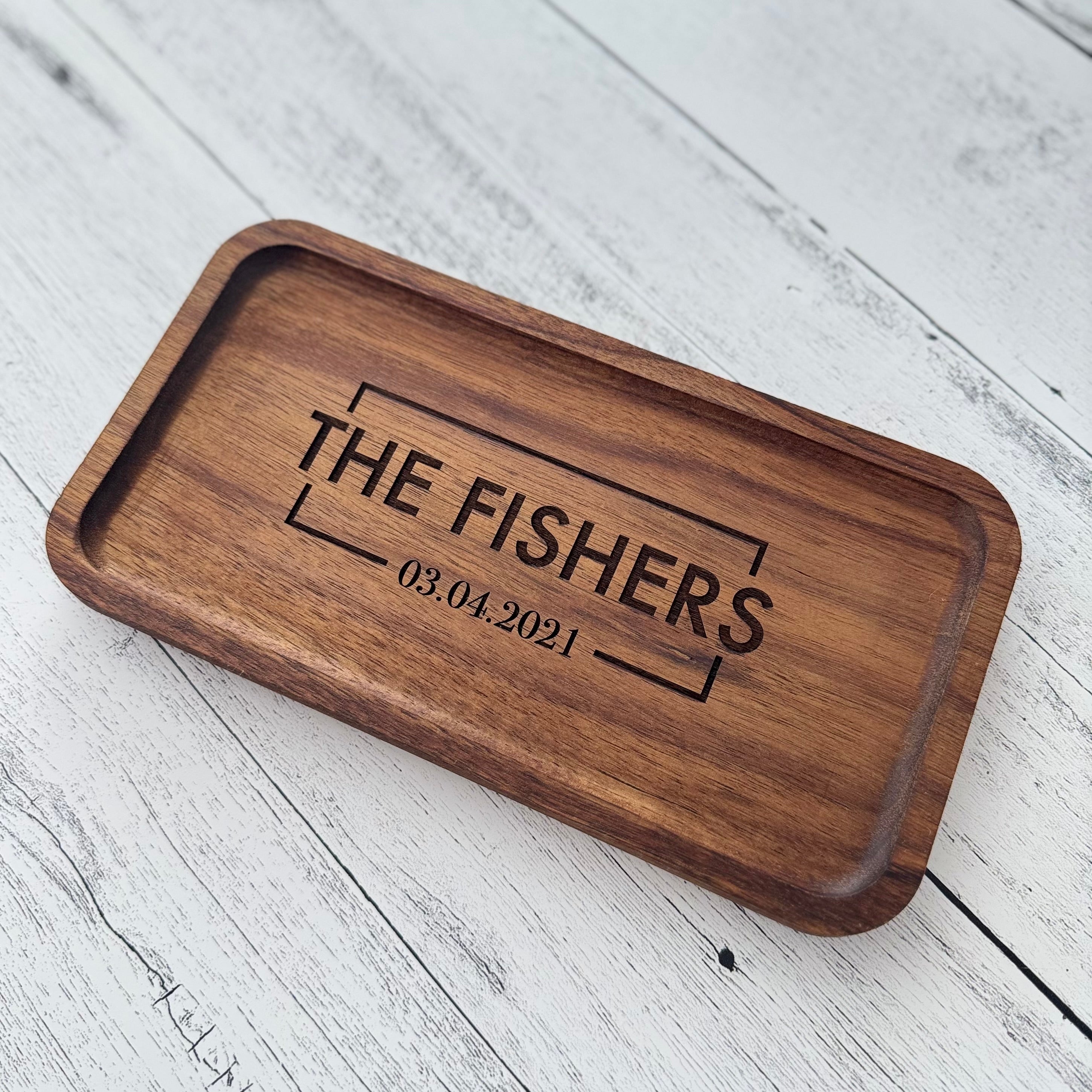 Personalized Acacia Wood Valet Tray with Family Name and Date