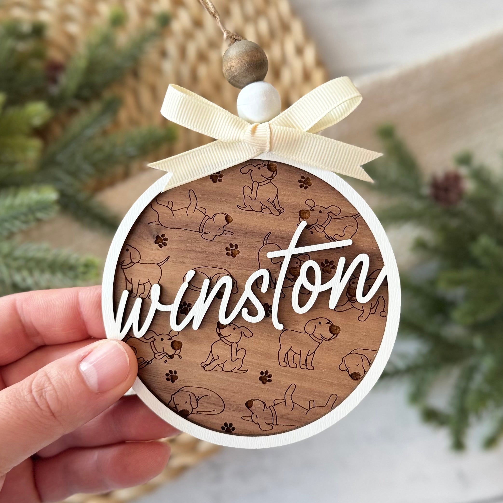 Personalized Walnut Dog Name Ornament