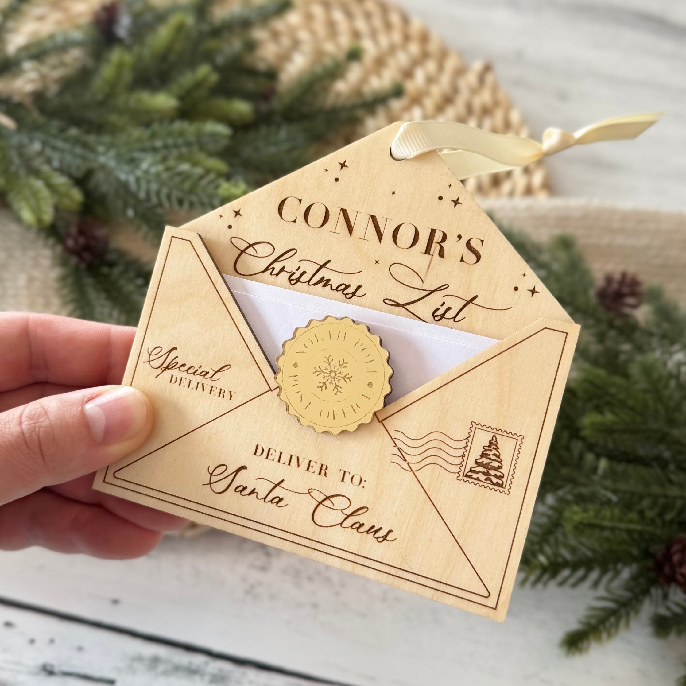 Personalized Christmas Wishlist Wooden Envelope Ornament