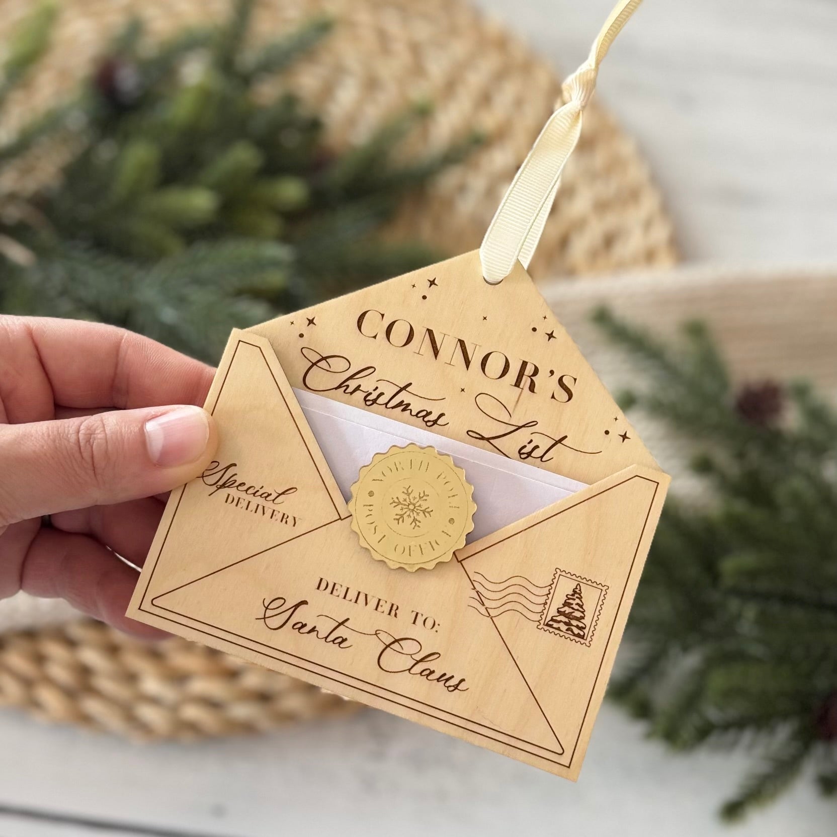 Personalized Christmas Wishlist Wooden Envelope Ornament
