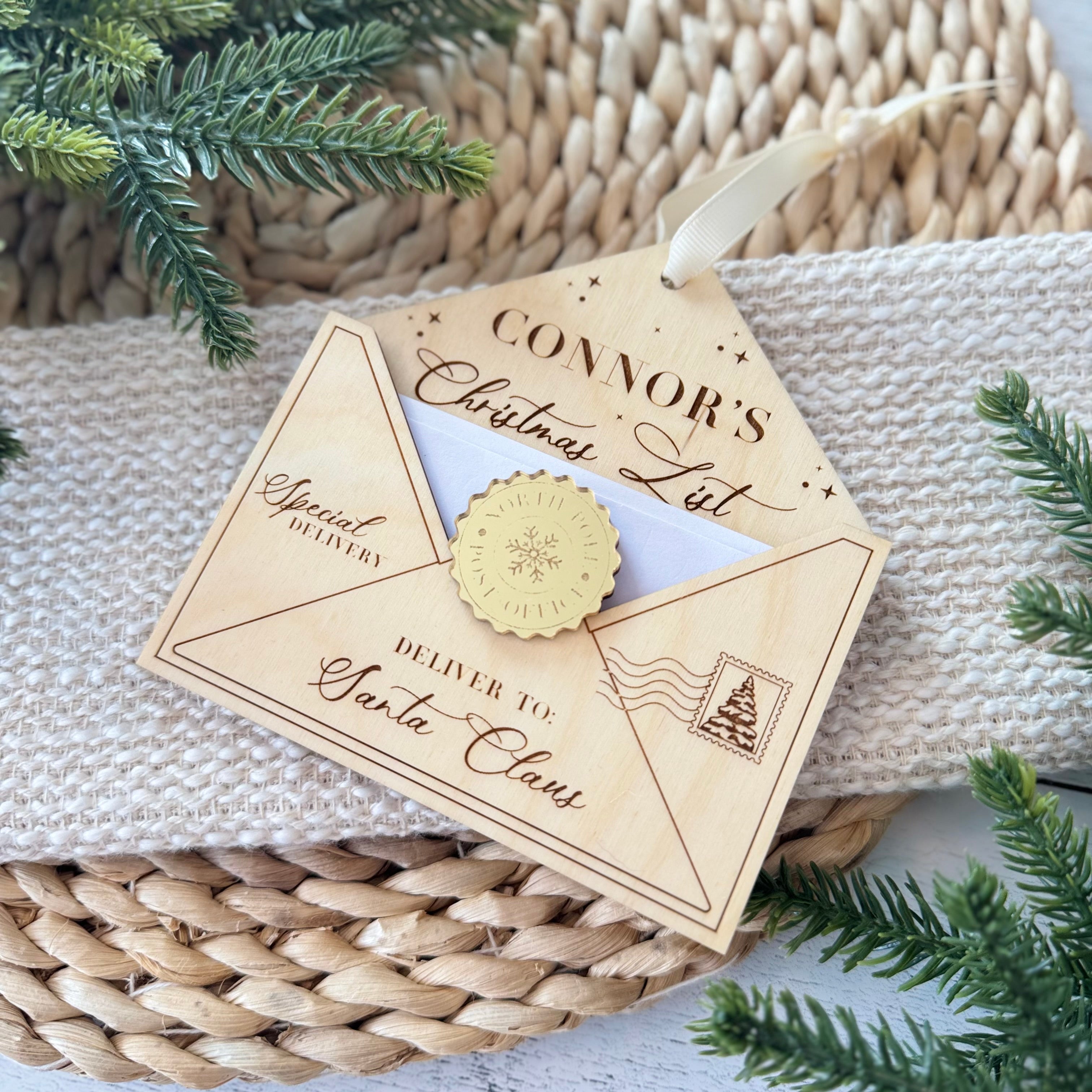 Personalized Christmas Wishlist Wooden Envelope Ornament