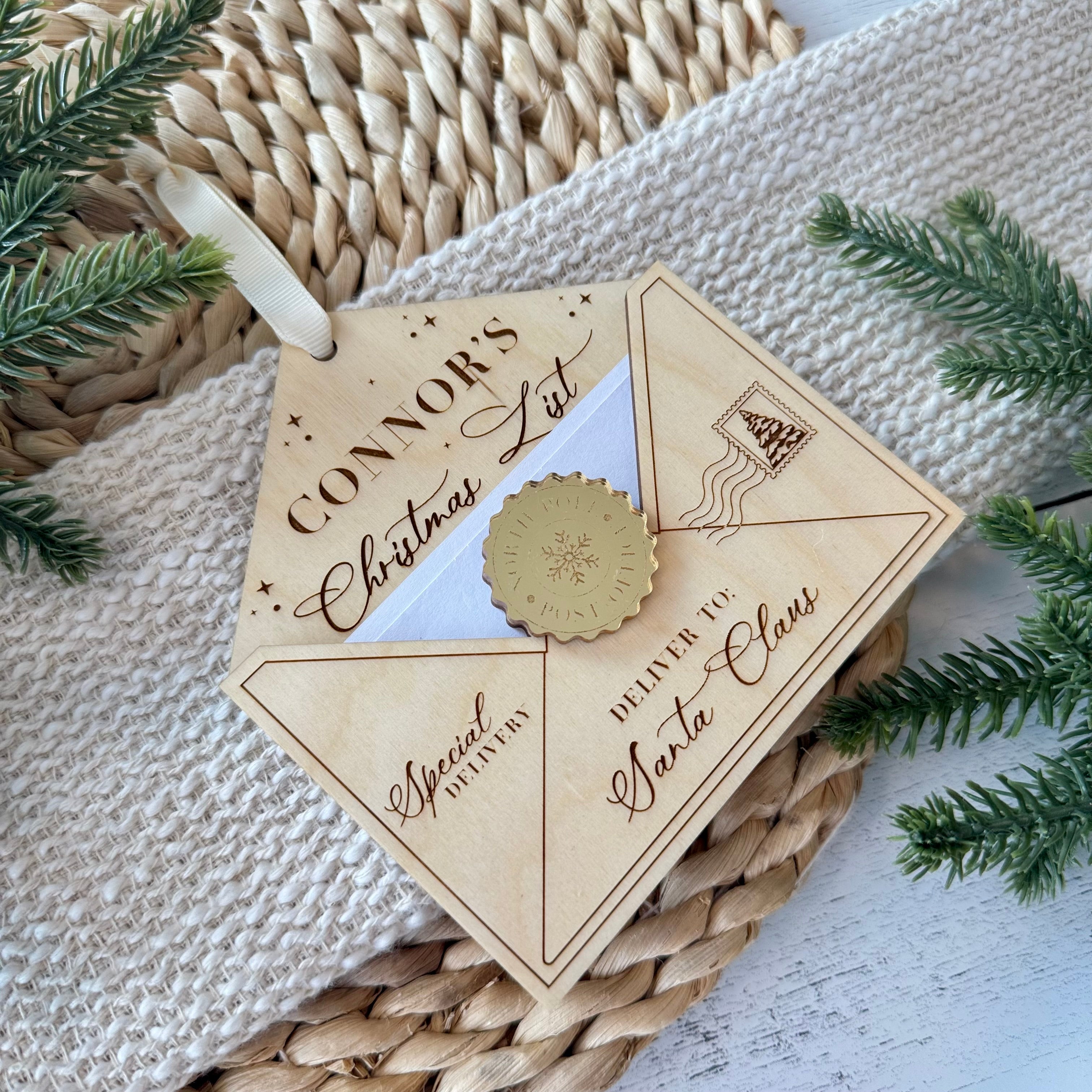 Personalized Christmas Wishlist Wooden Envelope Ornament