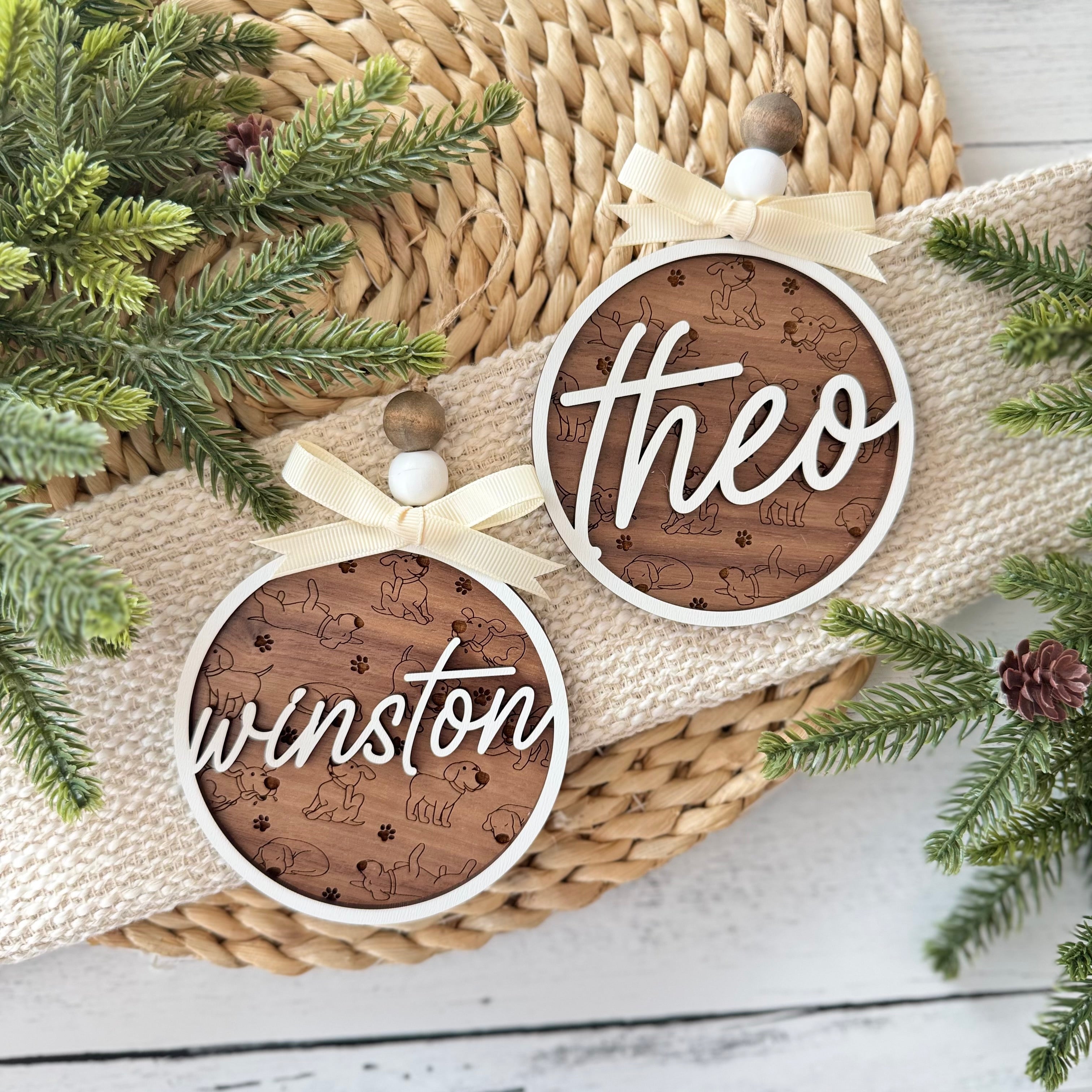 Personalized Walnut Dog Name Ornament