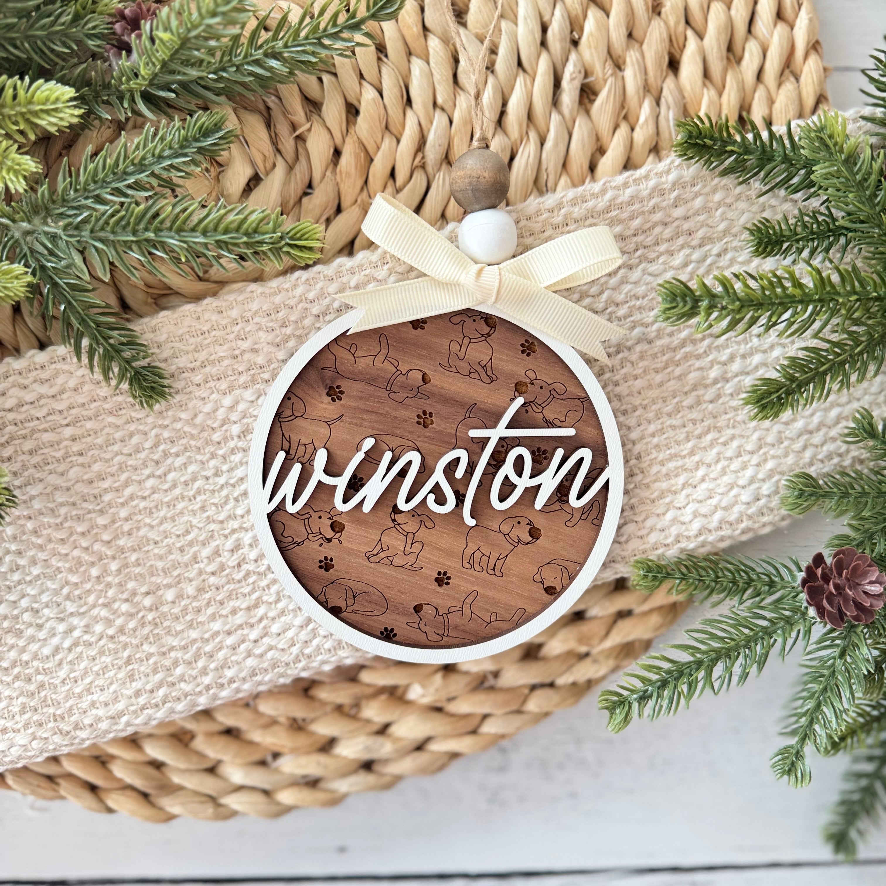 Personalized Walnut Dog Name Ornament