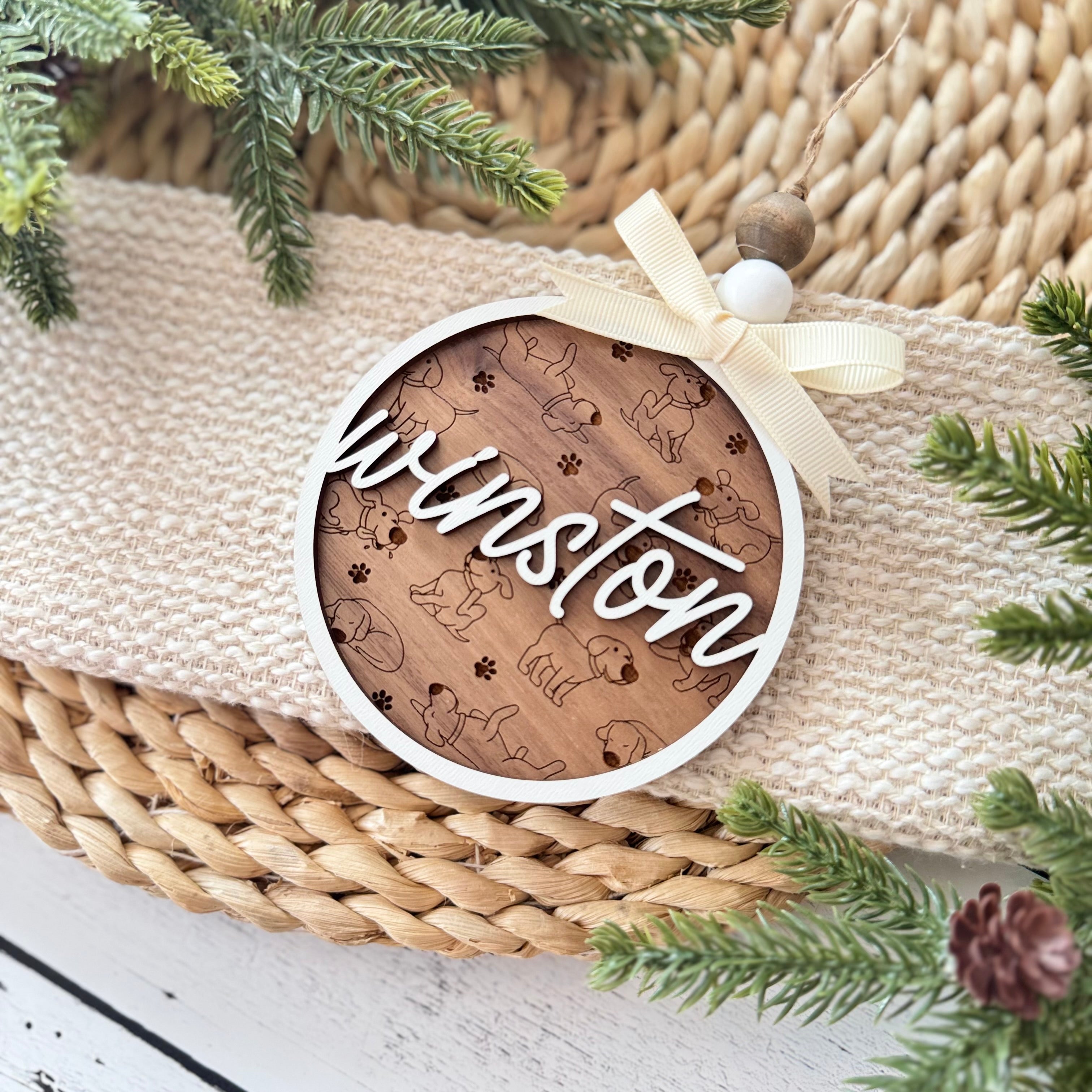 Personalized Walnut Dog Name Ornament