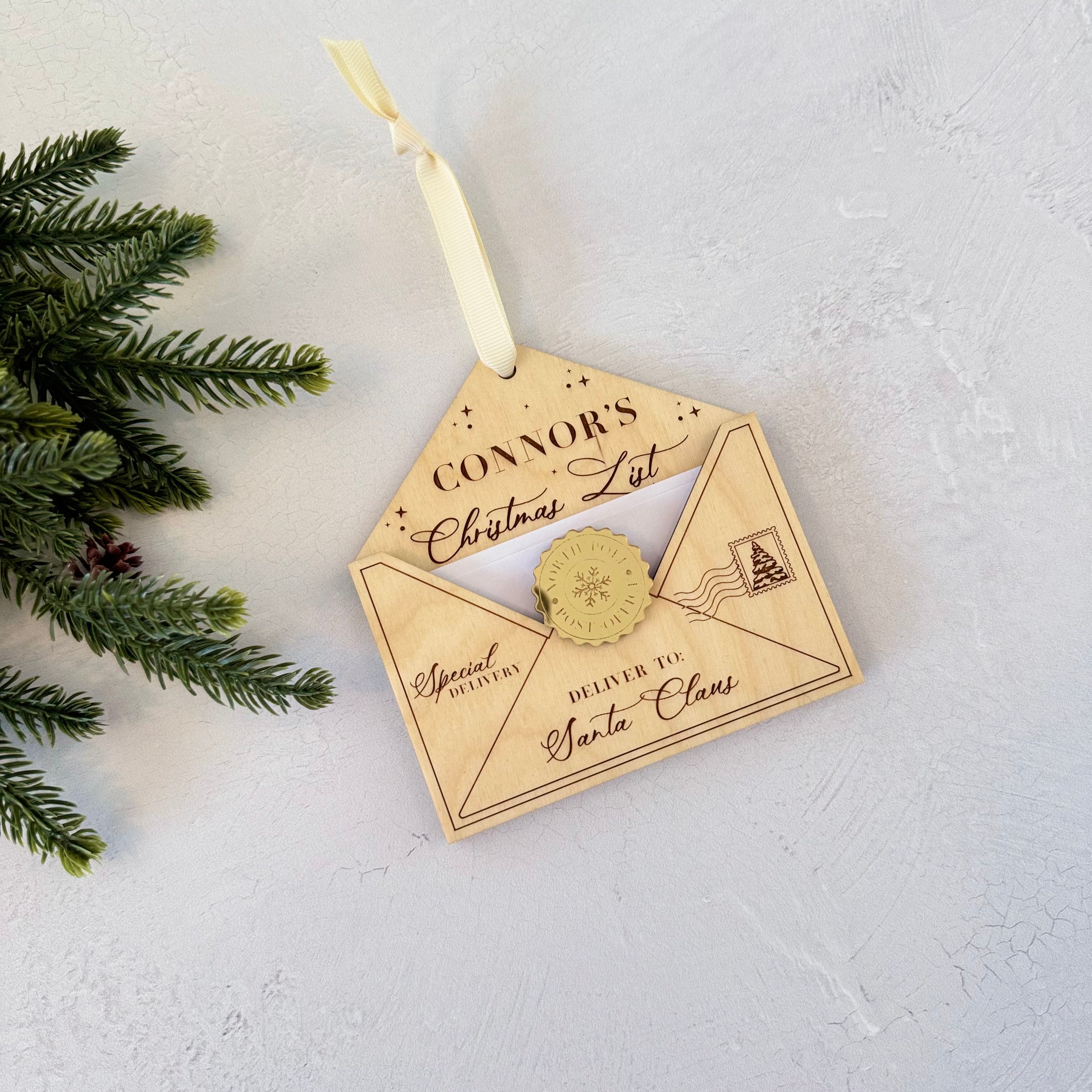 Personalized Christmas Wishlist Wooden Envelope Ornament