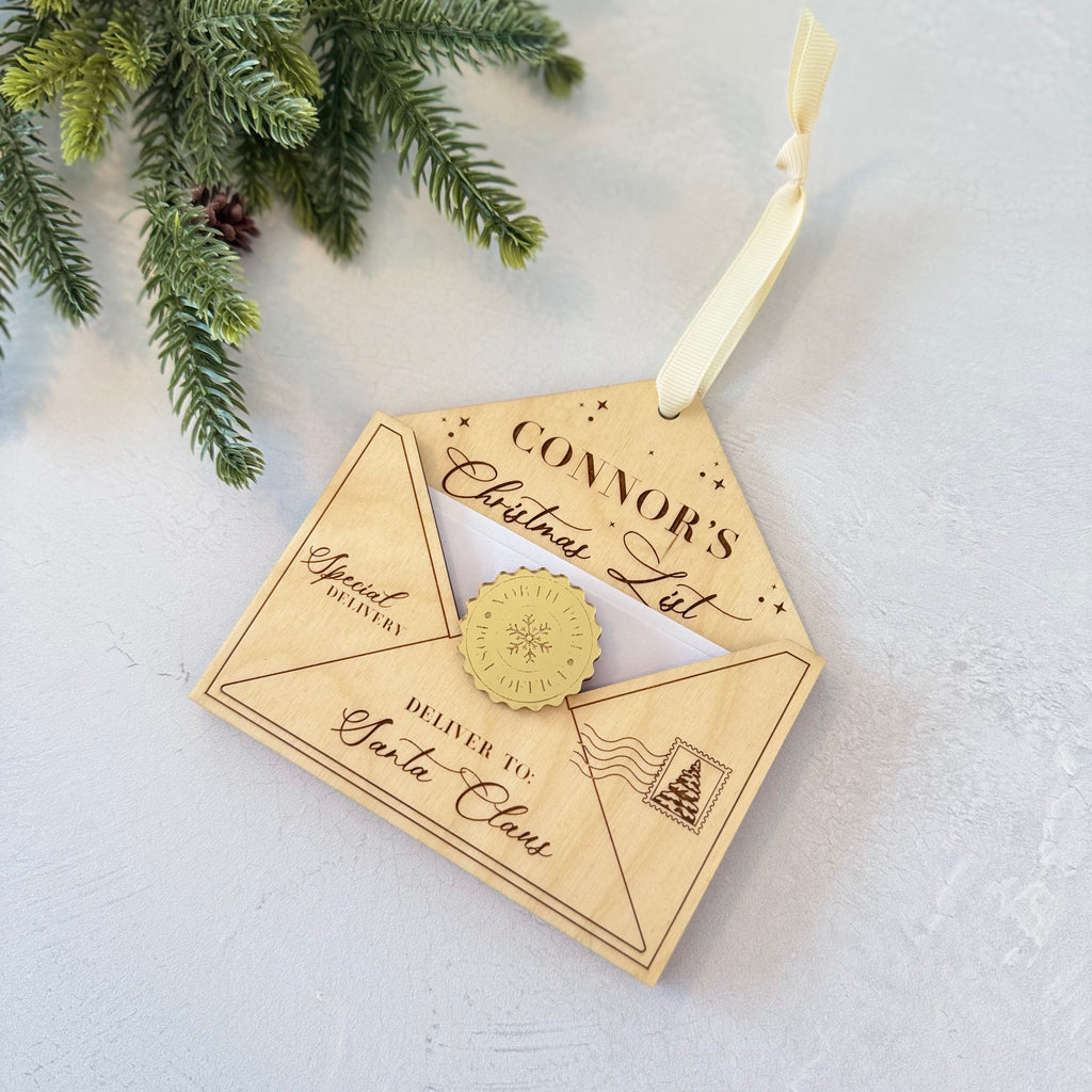 Personalized Christmas Wishlist Wooden Envelope Ornament