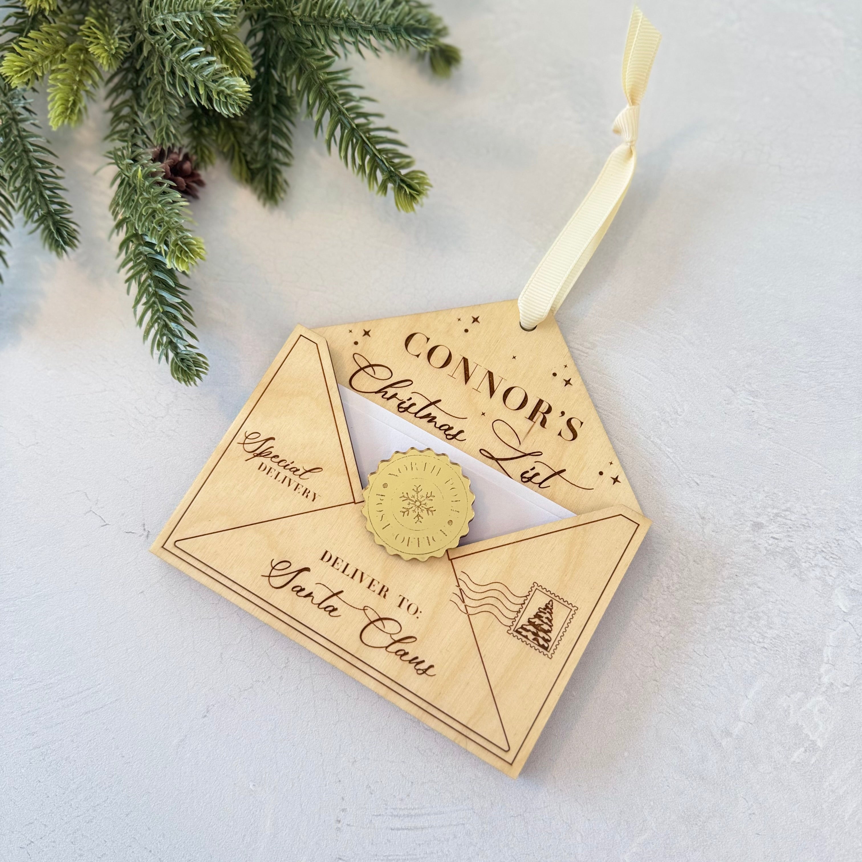 Personalized Christmas Wishlist Wooden Envelope Ornament